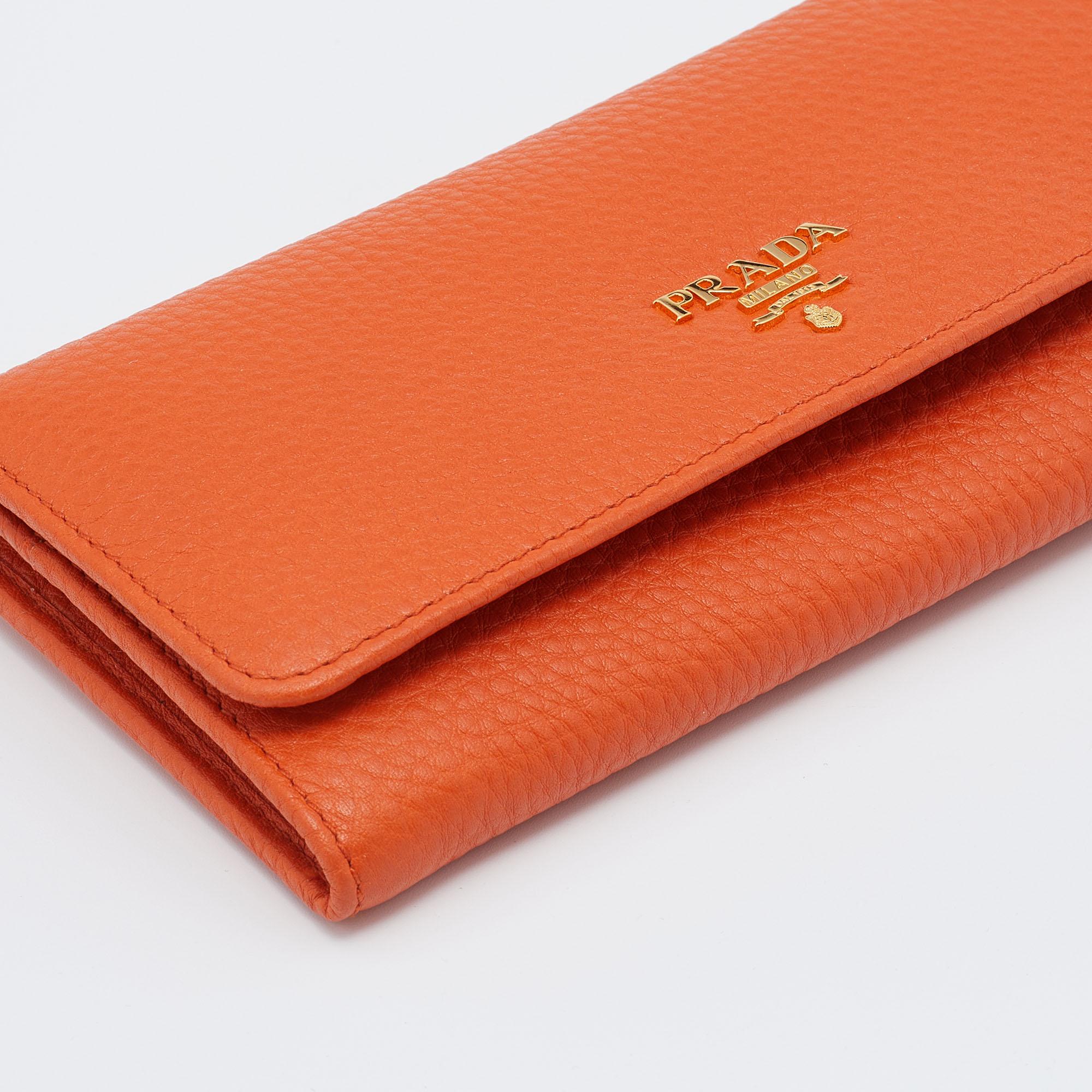 Women's Prada Orange Vitello Daino Leather Flap Continental Wallet