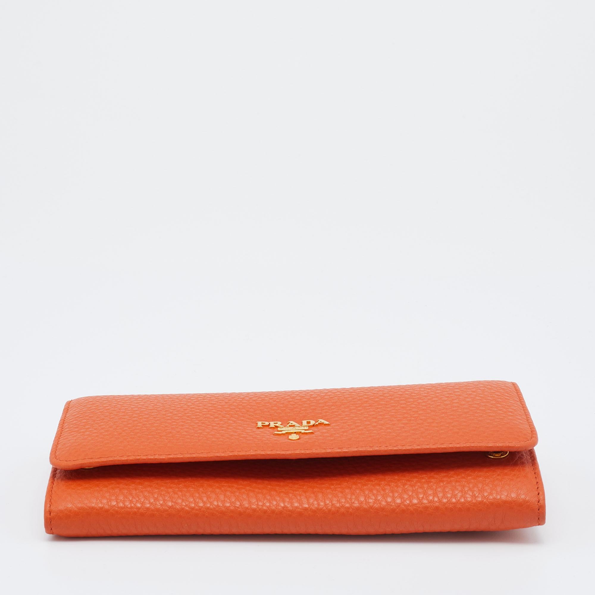 Prada Orange Vitello Daino Leather Flap Continental Wallet 5