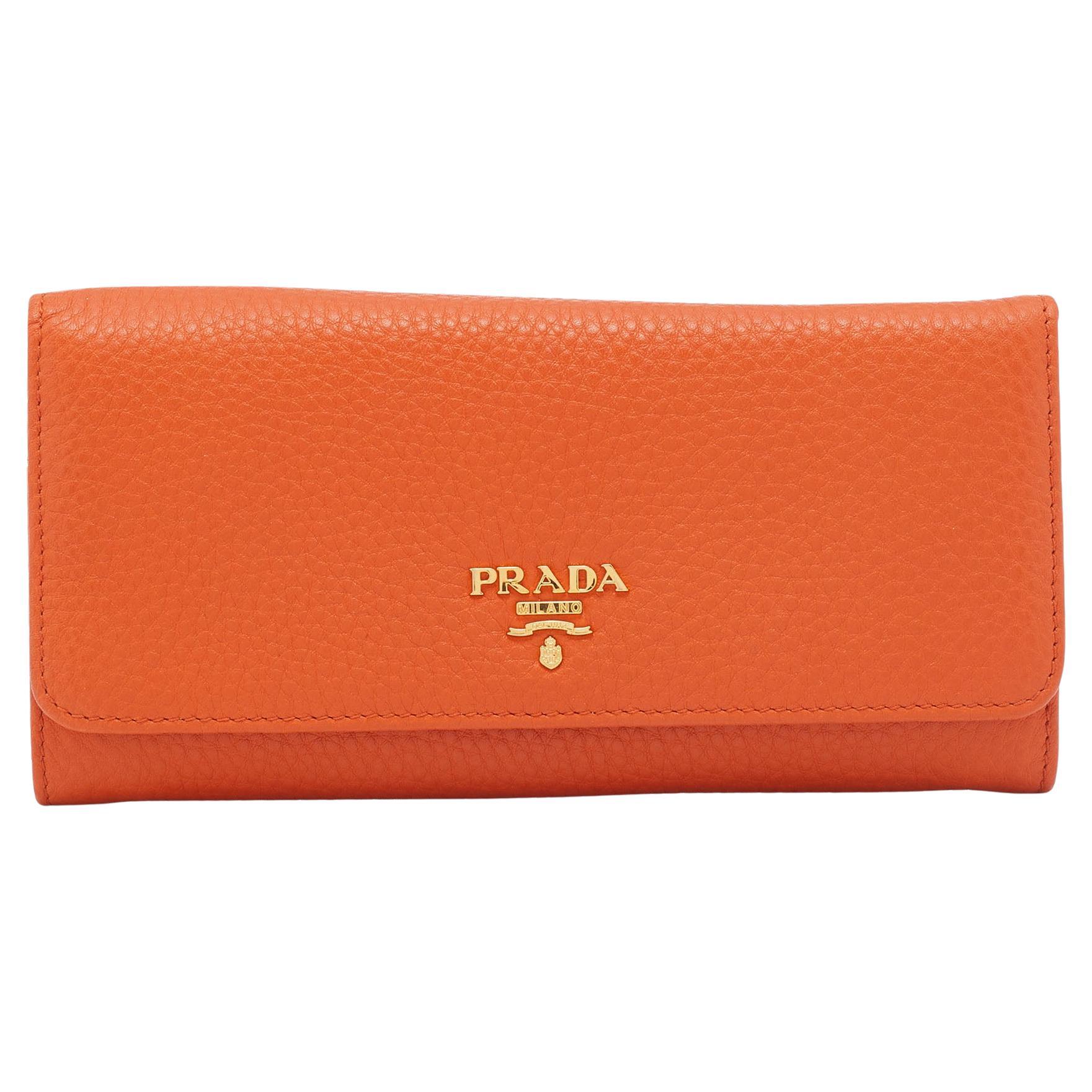 Prada Orange Vitello Daino Leather Flap Continental Wallet