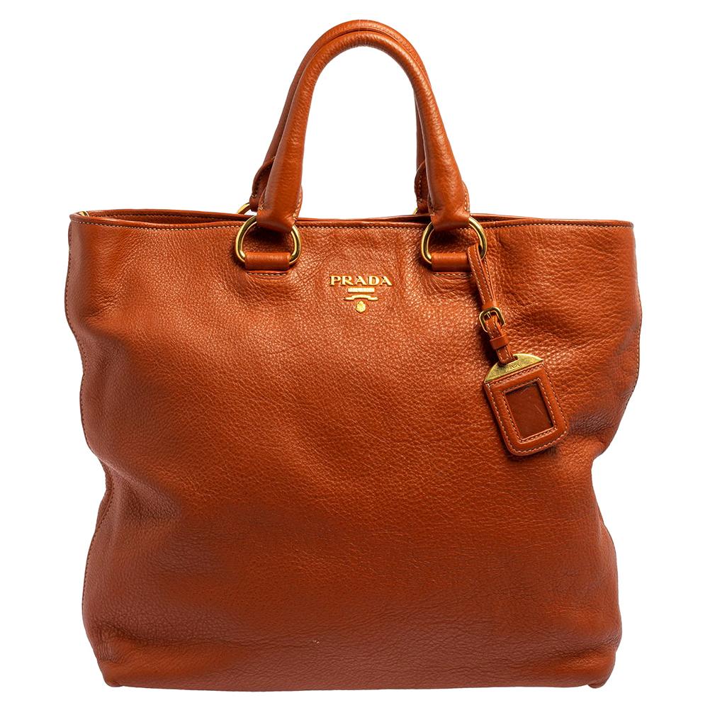 Prada Orange Vitello Daino Leather Shopping Tote