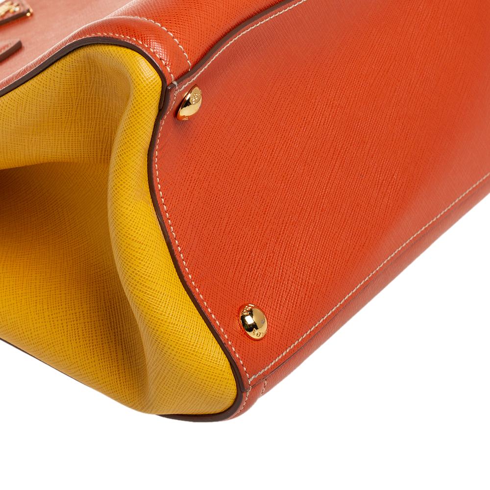 Prada Orange/Yellow Bi Color Saffiano Lux Leather Tote In Good Condition In Dubai, Al Qouz 2