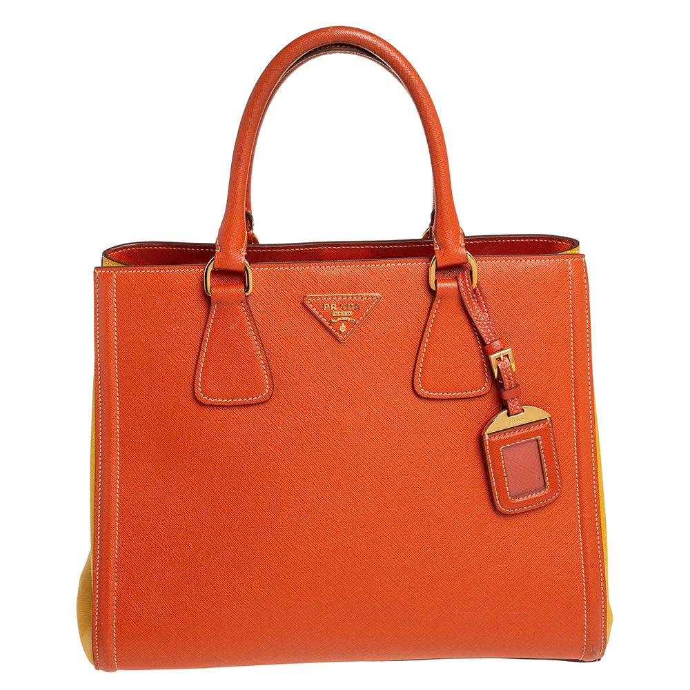 Prada Orange/Yellow Bi Color Saffiano Lux Leather Tote