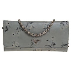 Prada Pale Blue Floral Print Saffiano Leather Wallet On Chain
