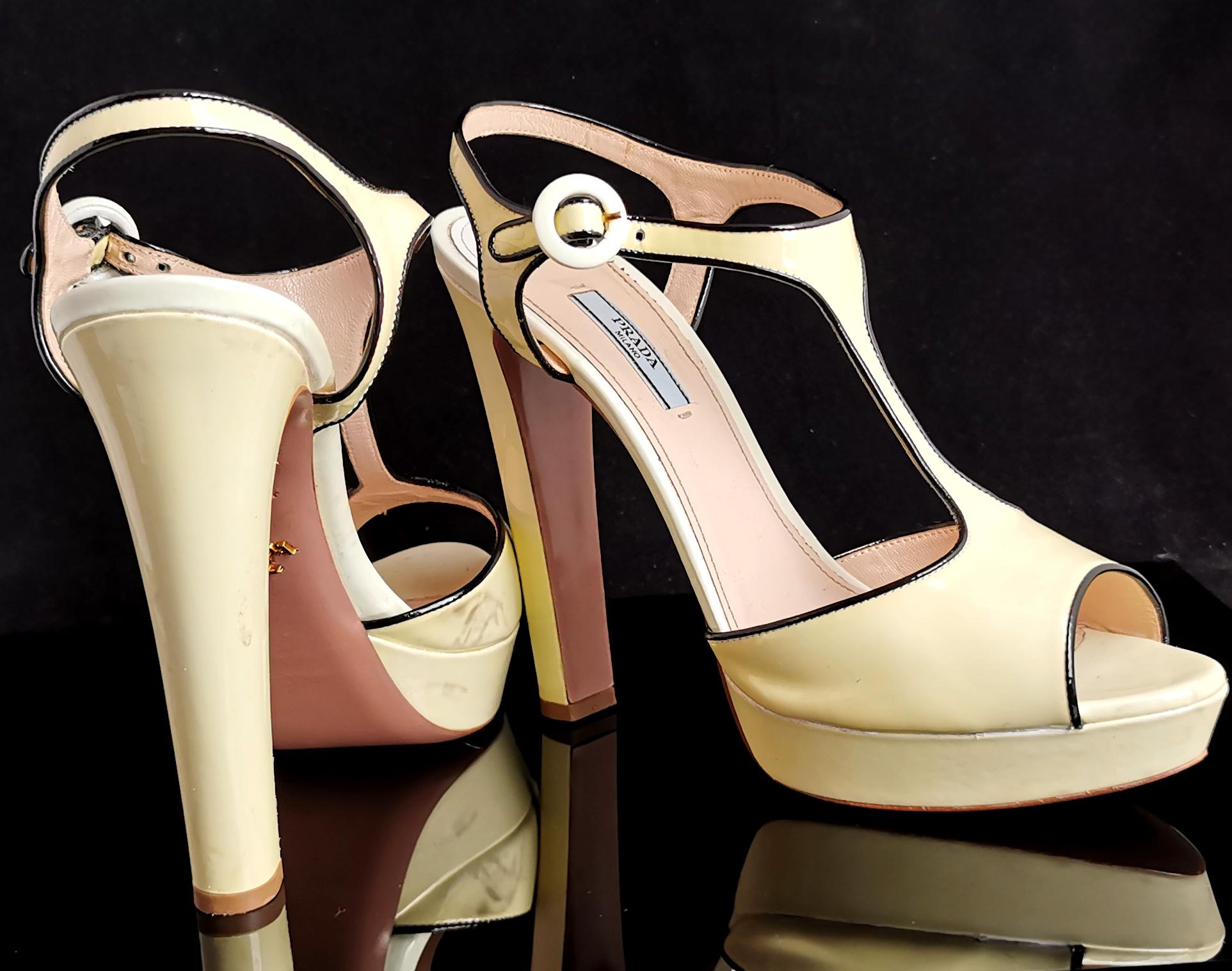 Beige Prada patent leather platform heel sandals, T bar, Lemon yellow 