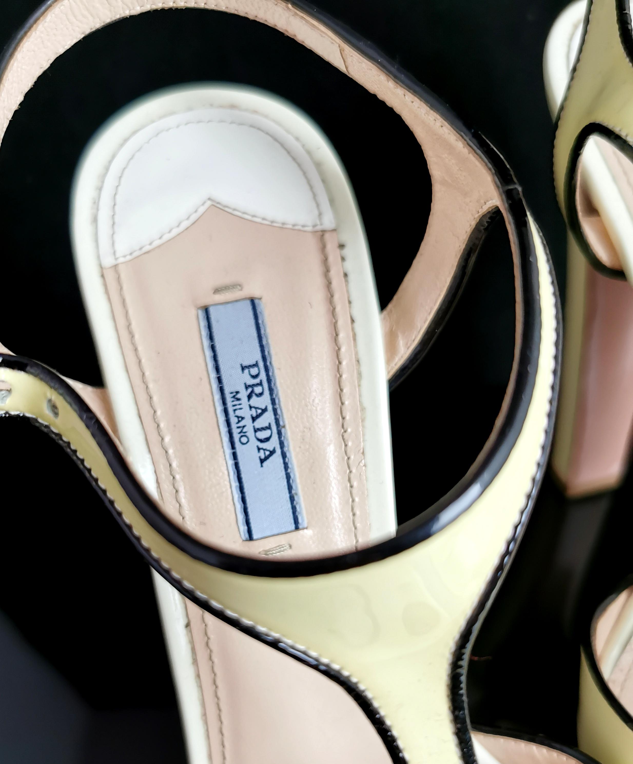 Women's Prada patent leather platform heel sandals, T bar, Lemon yellow 
