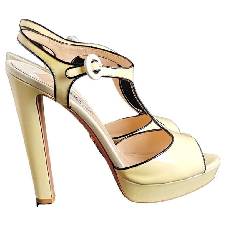 Prada patent leather platform heel sandals, T bar, Lemon yellow For Sale at  1stDibs