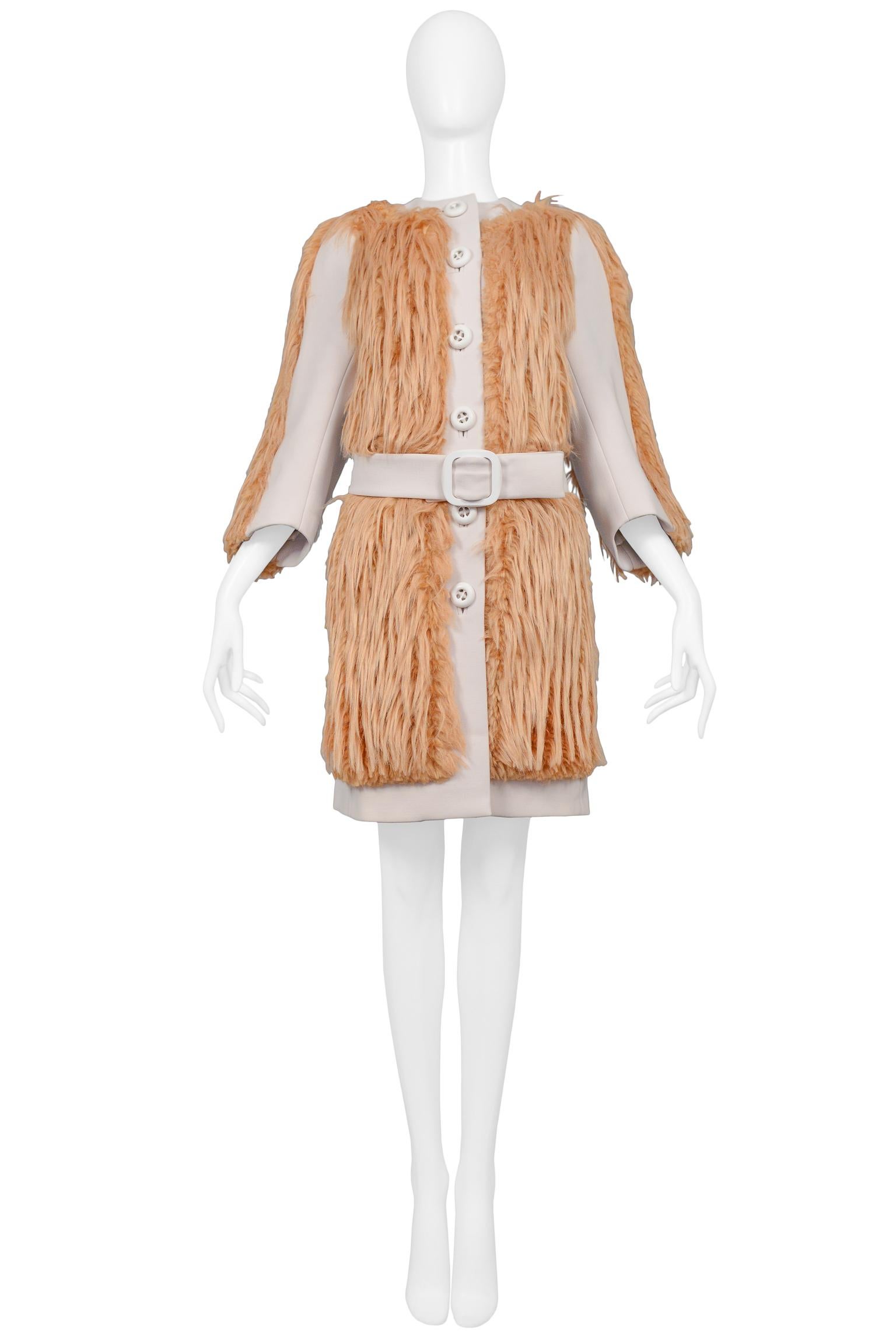 Prada Peach Faux Fur Belted Coat 2011 In Excellent Condition For Sale In Los Angeles, CA