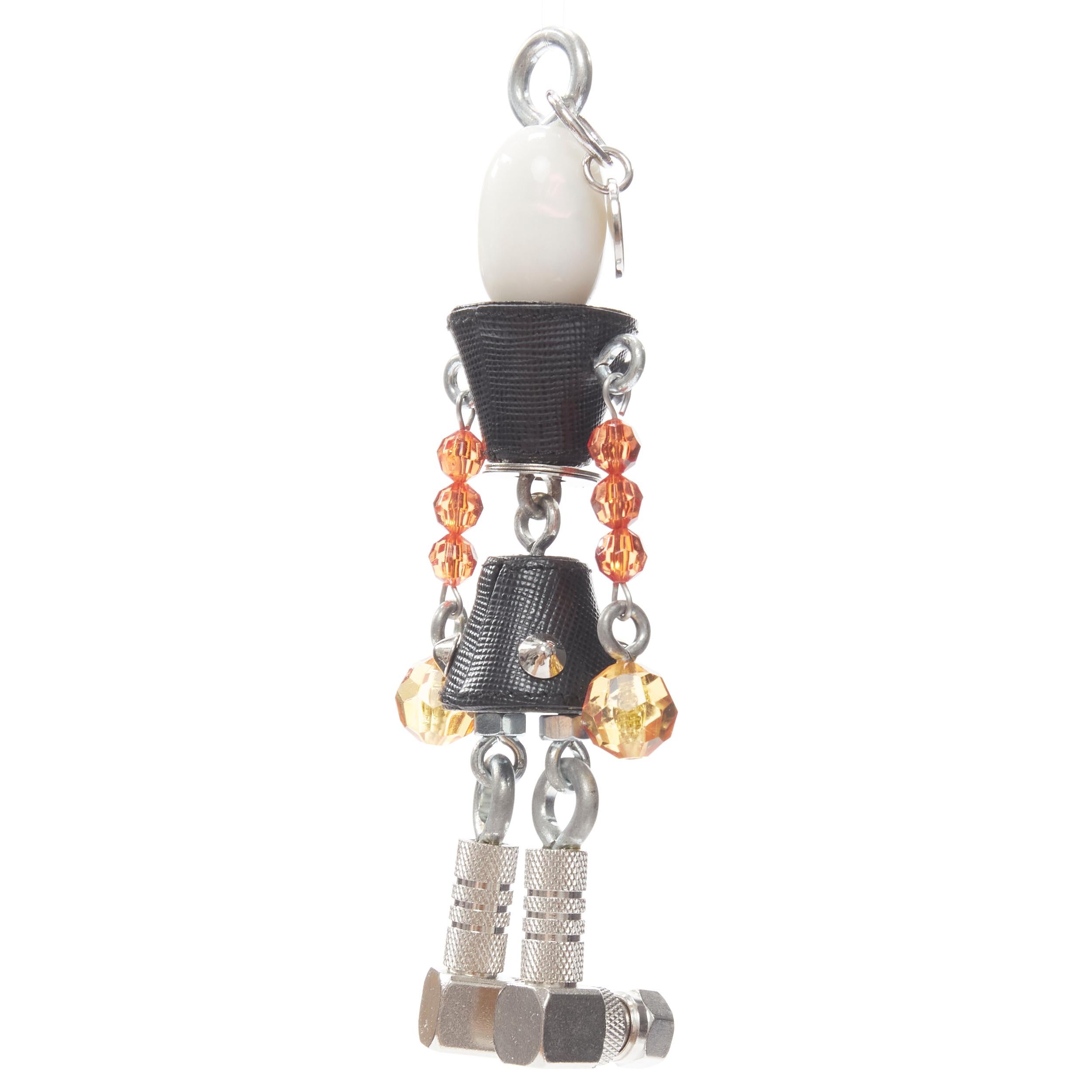 Beige PRADA pearl resin head beaded arms saffiano bolt hardware keychain bag charm