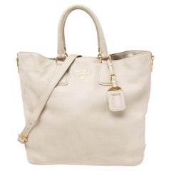 Prada Pearl White Vitello Daino Leather Side Zip Tote