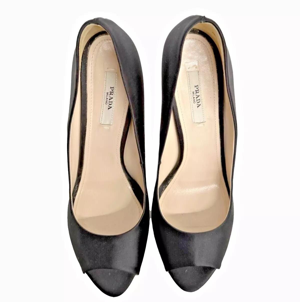 Black Prada Peep Toe Lucite Heel Women Pumps Size 38.5 Pre-owned For Sale