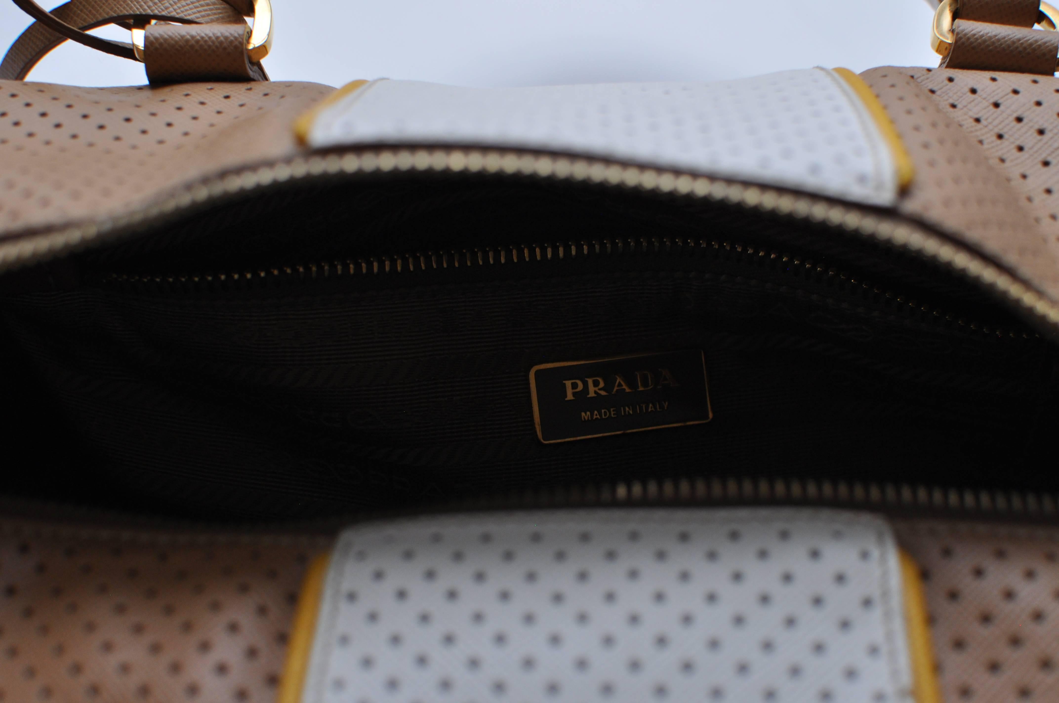 Brown Prada Perforated Leather Cuoio/Mimosa Safiano Handbag