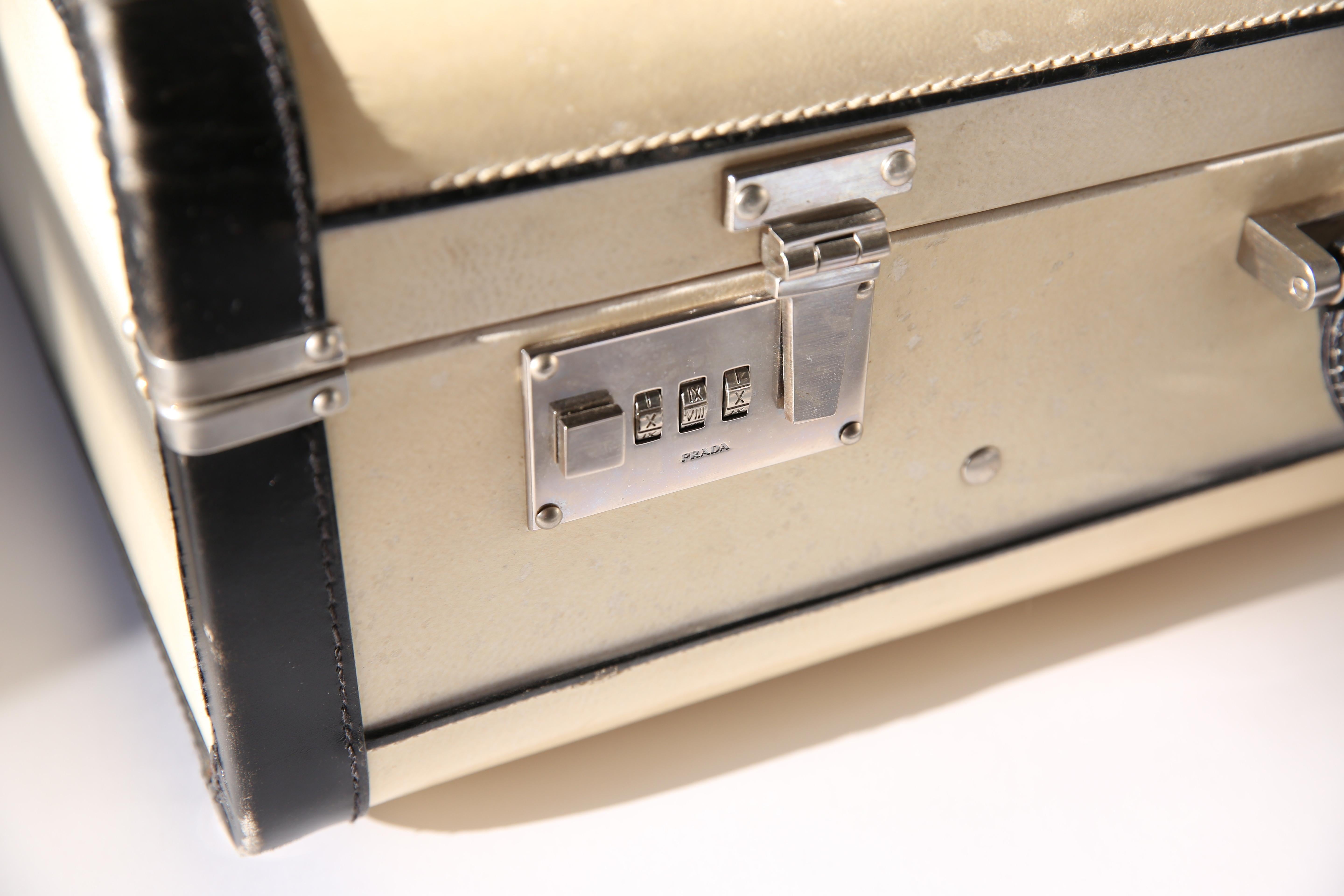White Prada Pergamena vintage style ivory black hard leather luggage bag suitcase case For Sale