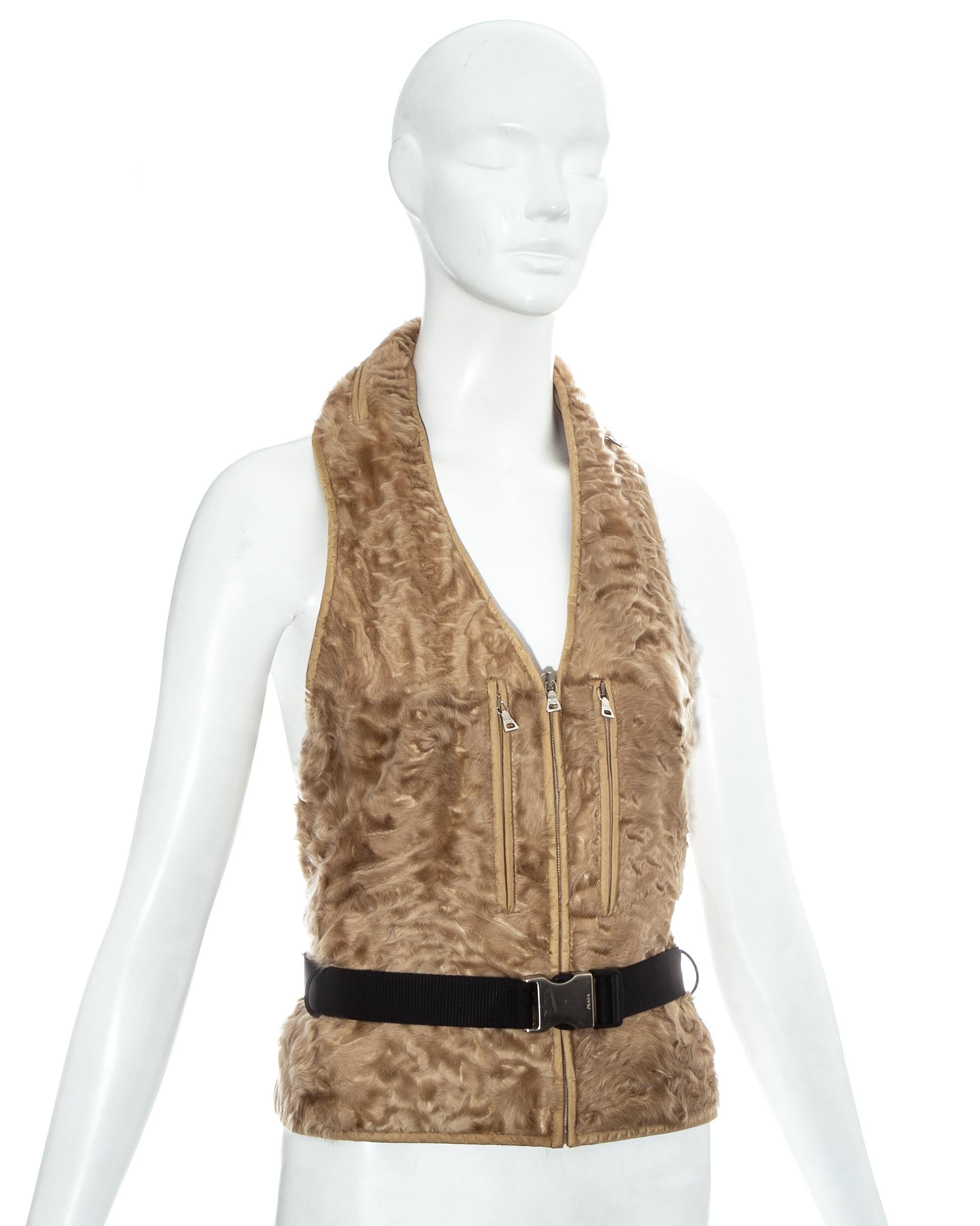 Brown Prada Persian Lamb belted waistcoat, fw 1999