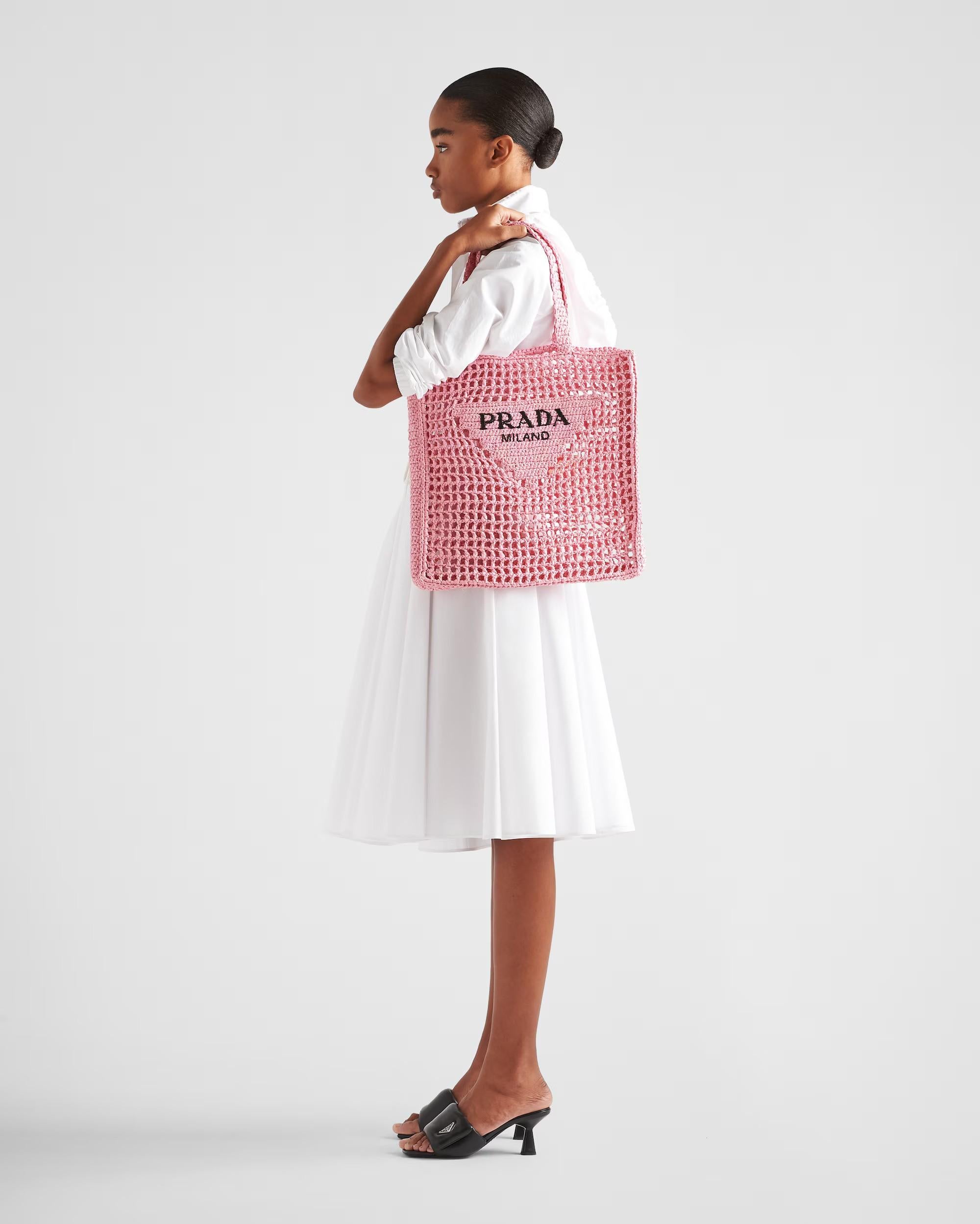 Bolso de mano PRADA Rosa pétalo rafia LOGO CROCHET en venta 6