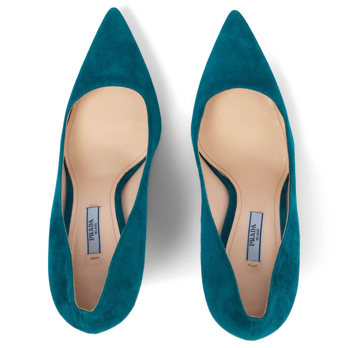 Blue PRADA petrol blue suede CLASSIC Pointed Toe Pumps Shoes 40.5 For Sale