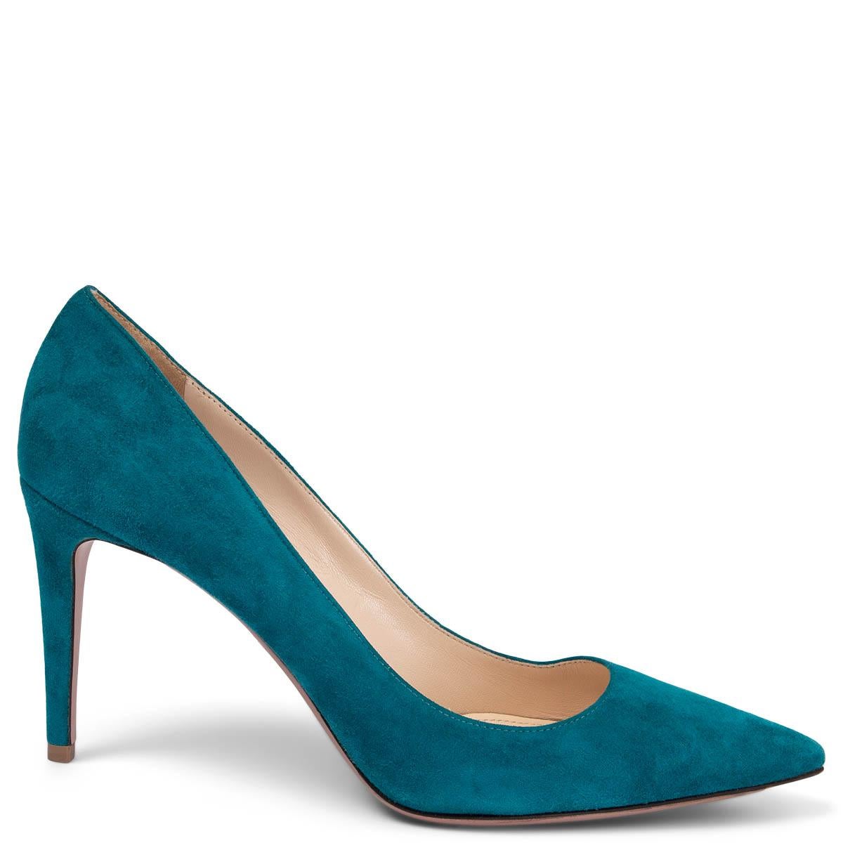 PRADA petrol blue suede CLASSIC Pointed Toe Pumps Shoes 40.5 For Sale