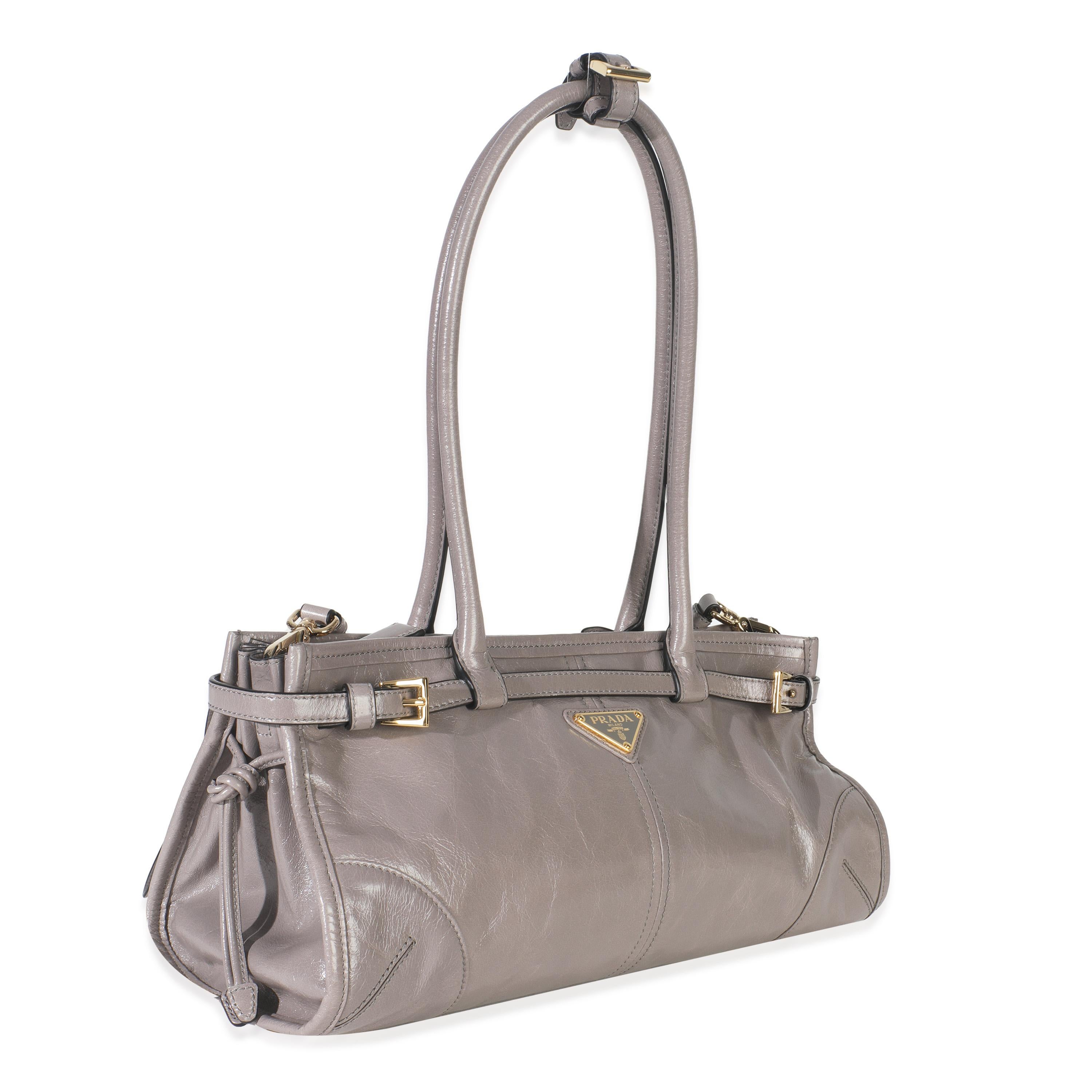 Gris Prada Pewter Soft Lux Enameled Metal Triangle Medium Bonnie en vente