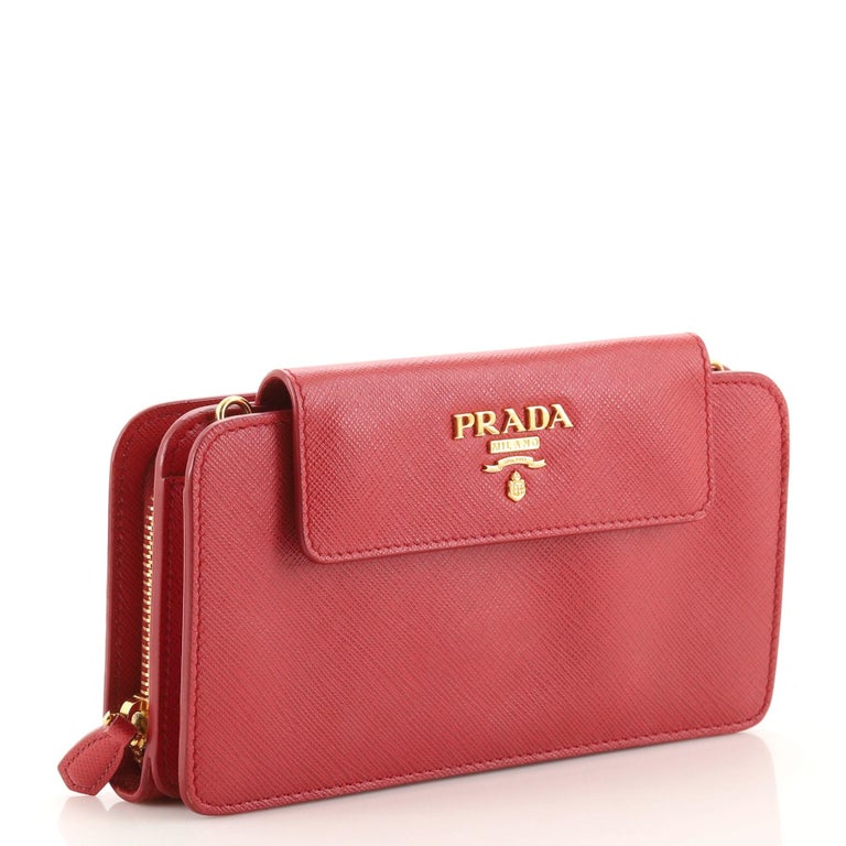 Prada Saffiano Leather Metal Oral Phone Wallet on a Chain - Luxed