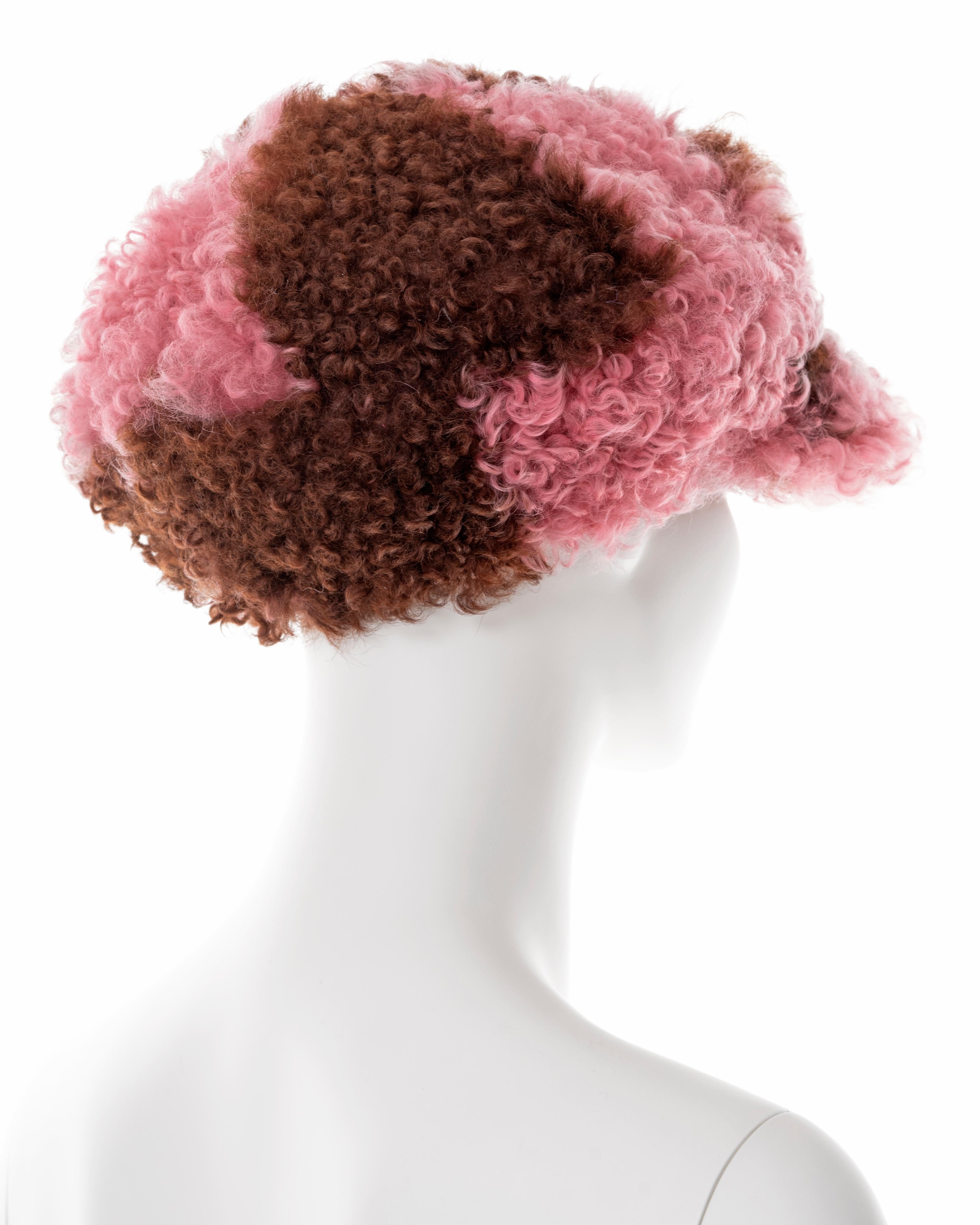 Prada pink and brown curly shearling 'newsboy' hat, fw 2017 In Excellent Condition In London, GB