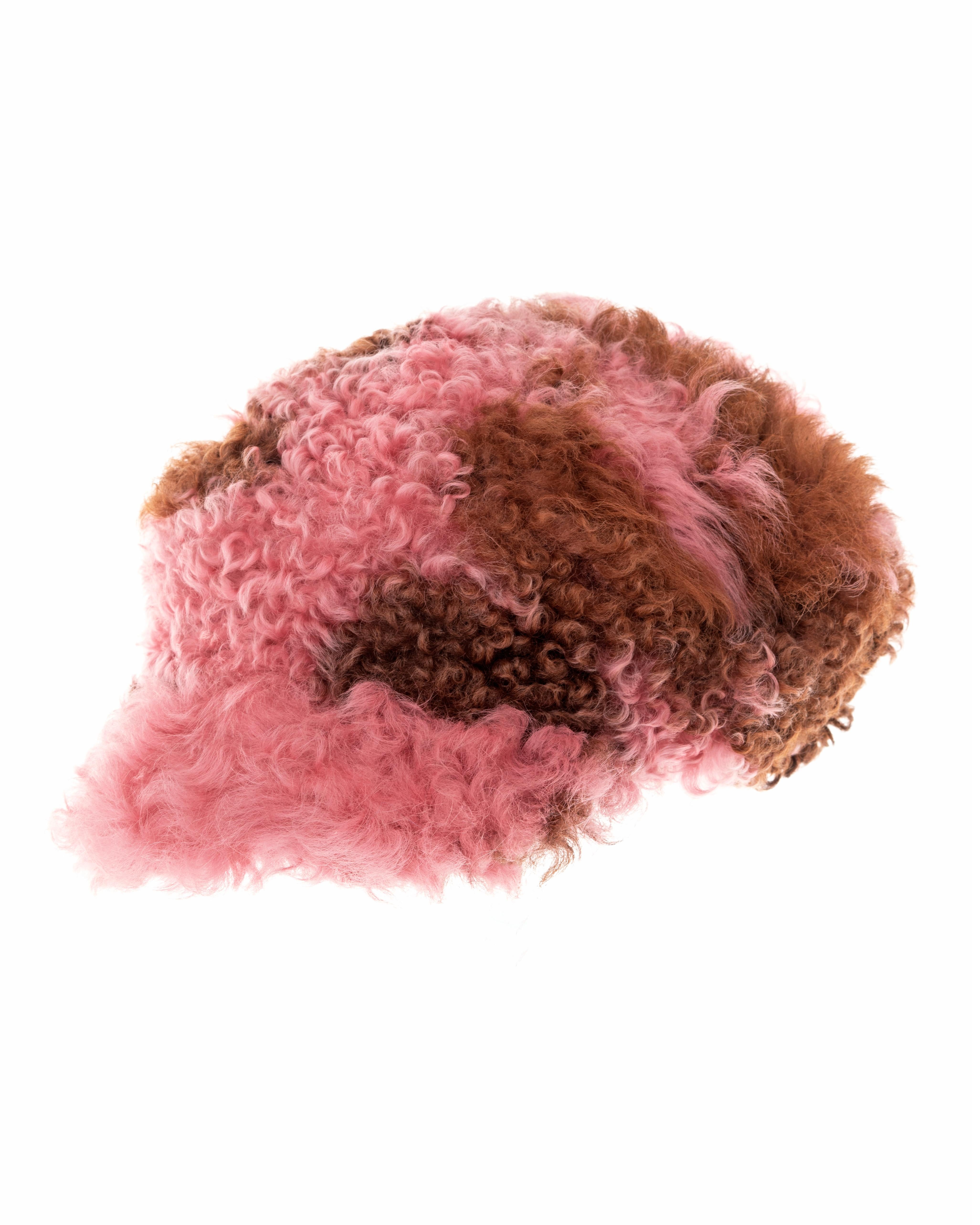 Prada pink and brown curly shearling 'newsboy' hat, fw 2017 2