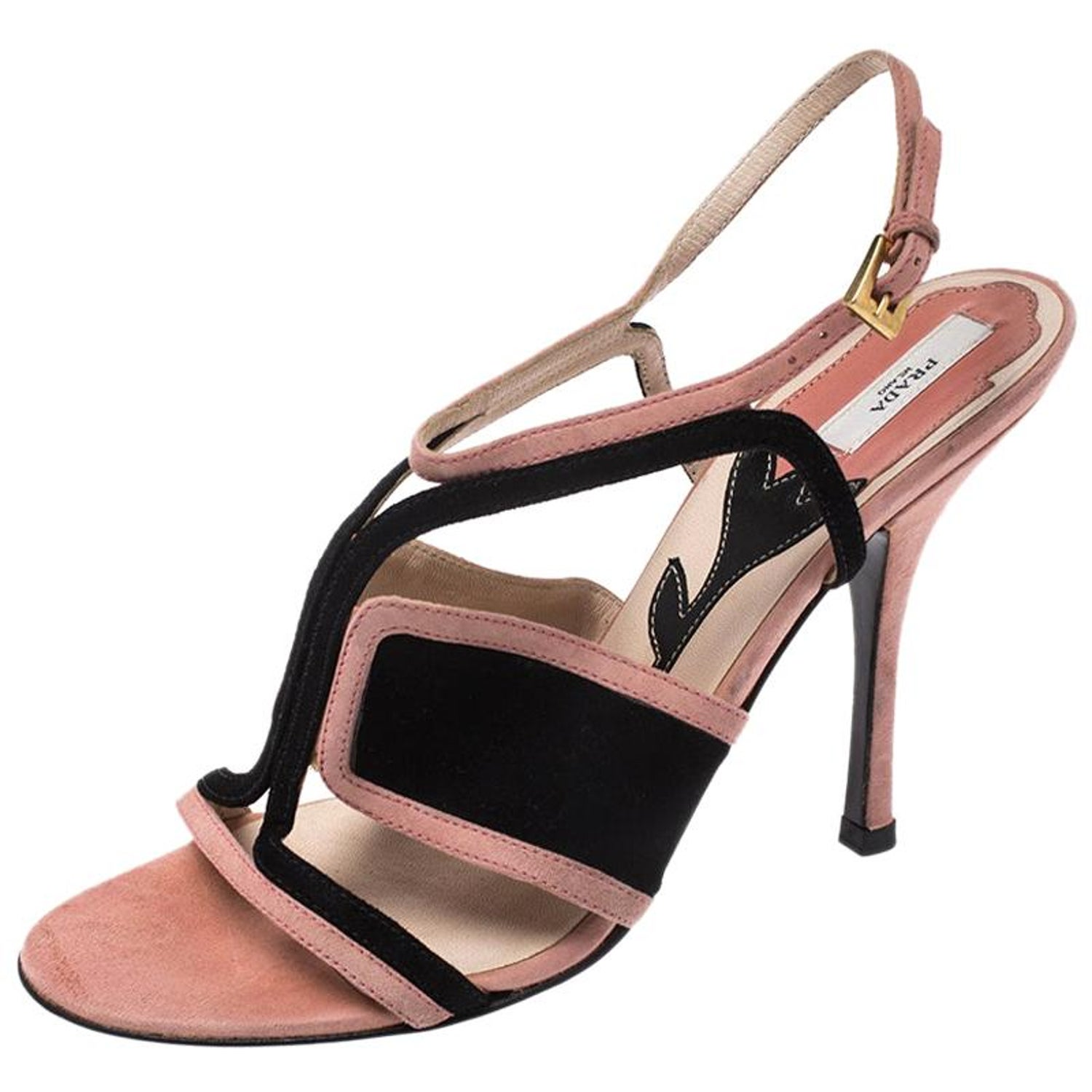 Prada Pink/Black Cut Out Suede Open Toe Ankle Strap Sandals Size 36.5 For  Sale at 1stDibs