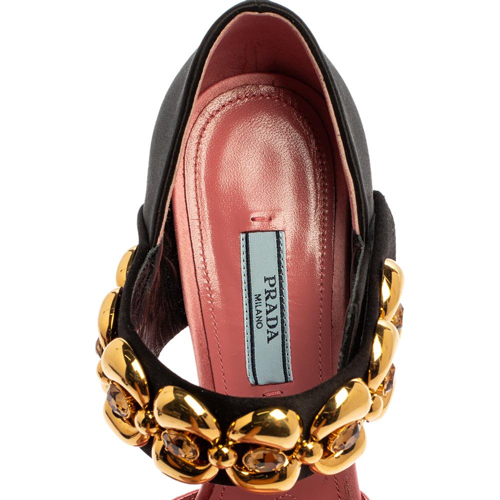 Prada Pink/Black Satin Embellished Mary Jane Open Toe Sandals Size 38 In Good Condition In Dubai, Al Qouz 2
