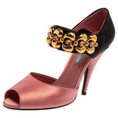 Prada Pink/Black Satin Embellished Mary Jane Open Toe Sandals Size 38