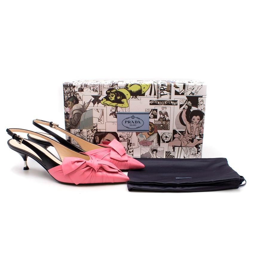 Prada Kitten Heels

- Pink leather bow in the front 
- Adjustable leather strap 
- Leather sole
- Metal lettering logo 
- Inside Prada label 

Please note, these items are pre-owned and may show signs of being stored even when unworn and unused.