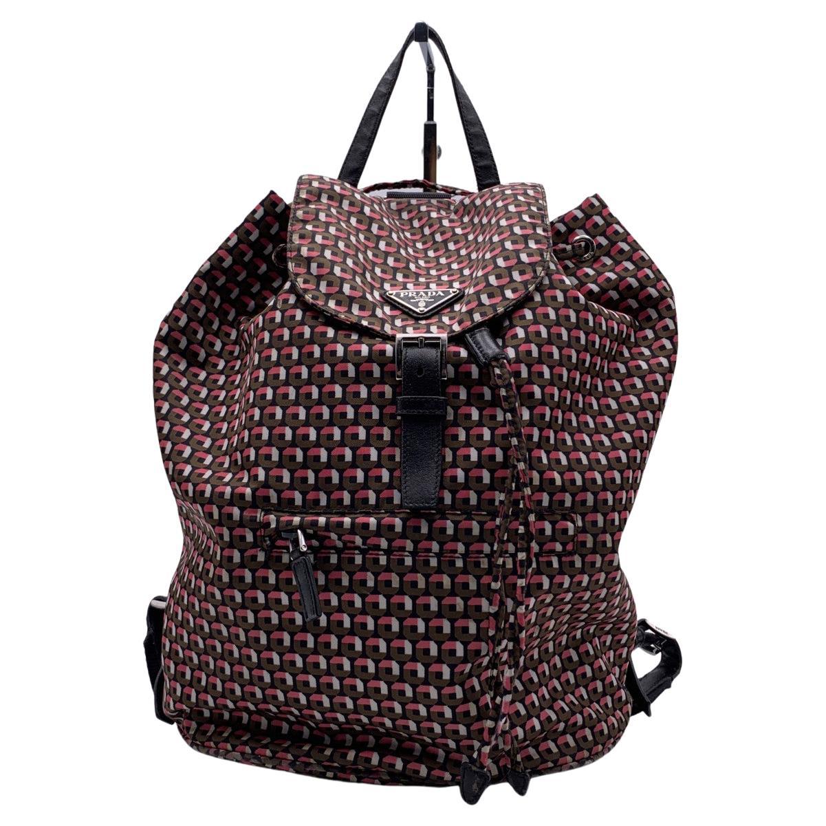  Prada Pink Brown Geometric Print Nylon Backpack Shoulder Bag