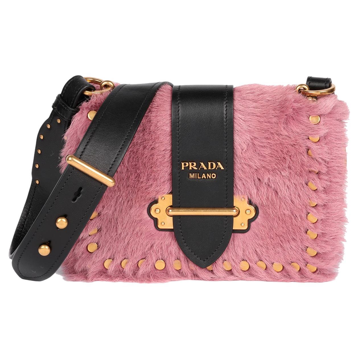 Prada Pink Calf Fur & Black Calfskin Leather Small Cahier For Sale