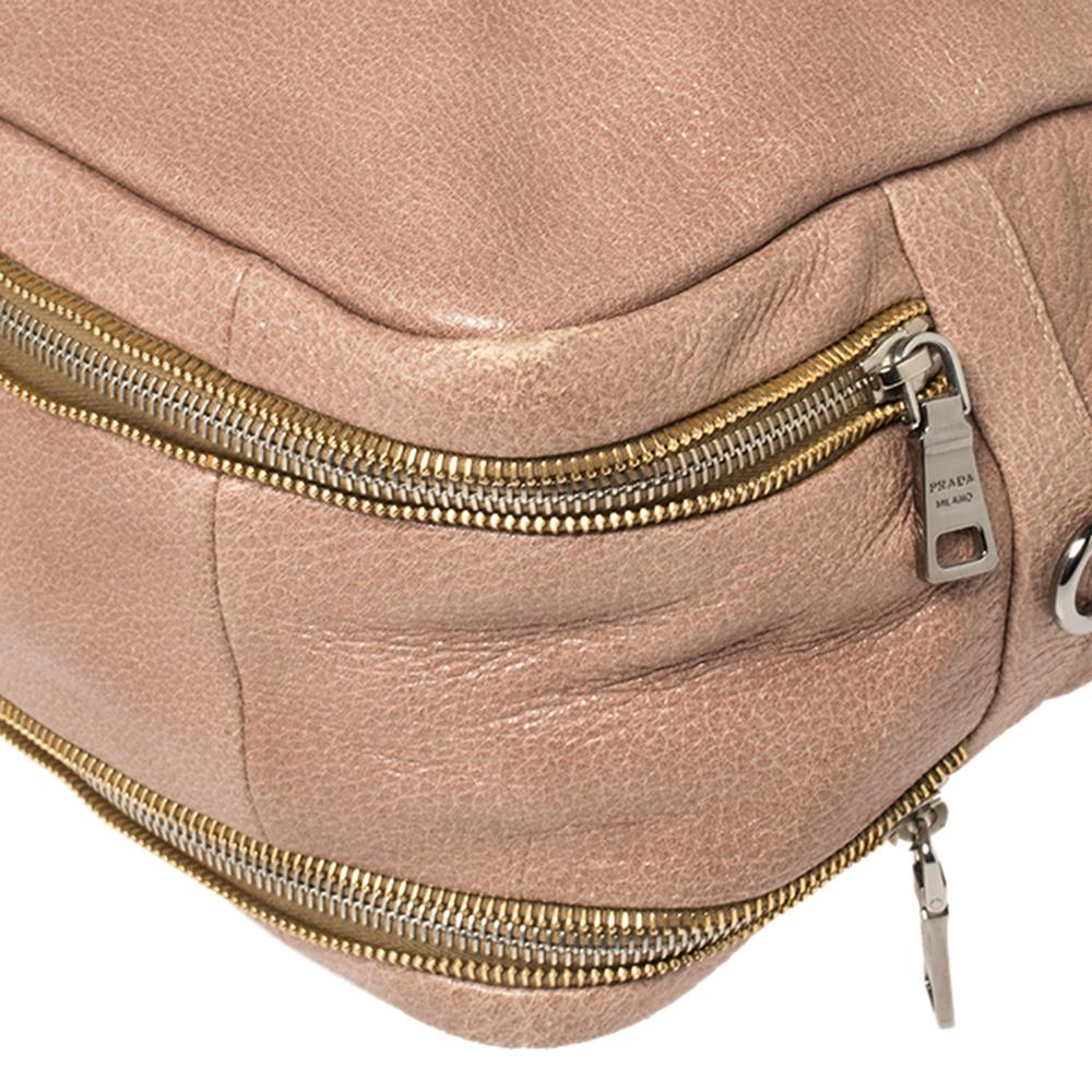 Beige Prada Pink Cervo Lux Leather Zippers Bauletto Bag