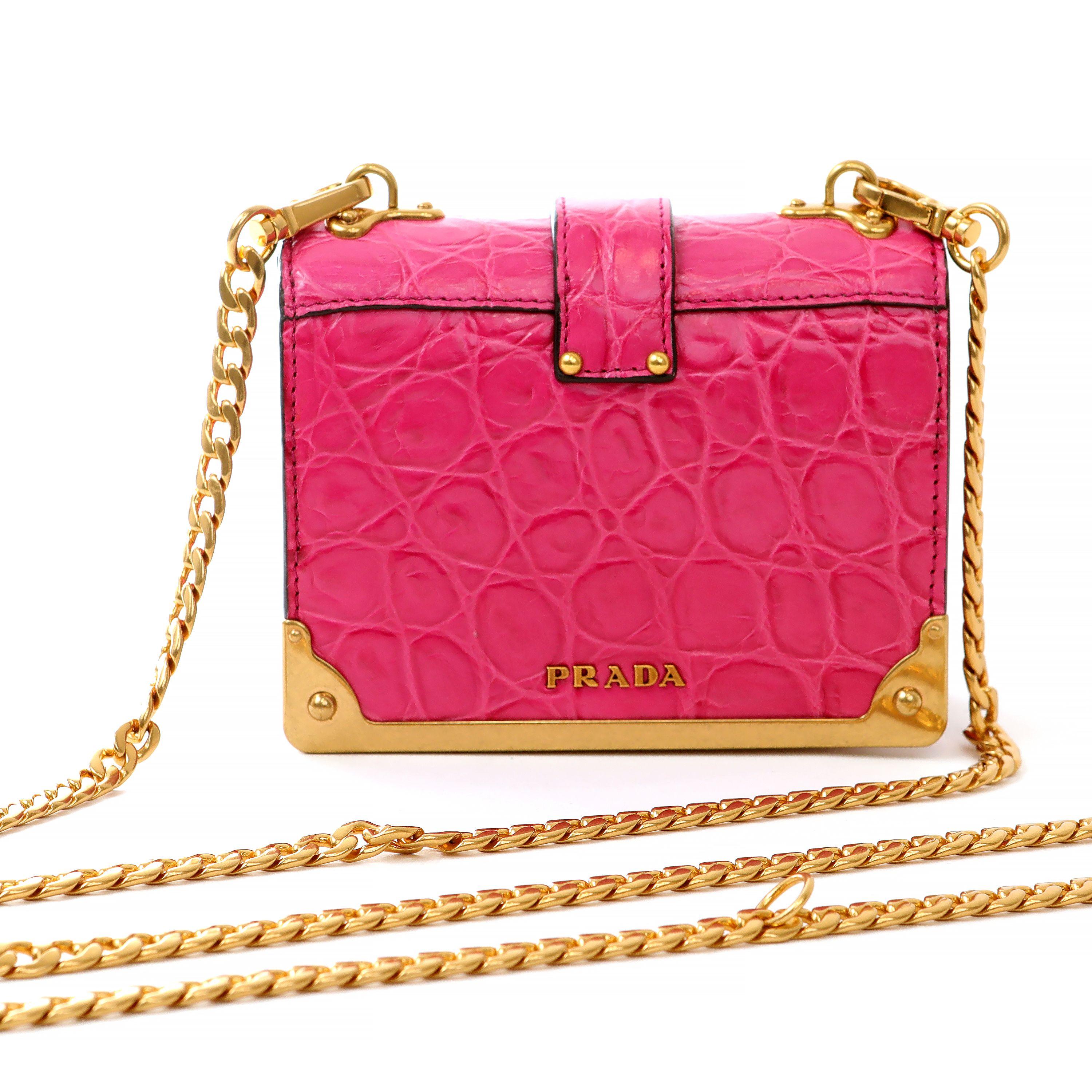 Prada Pink Crocodile Micro Cahier Bag with Gold Hardware In Excellent Condition For Sale In Palm Beach, FL