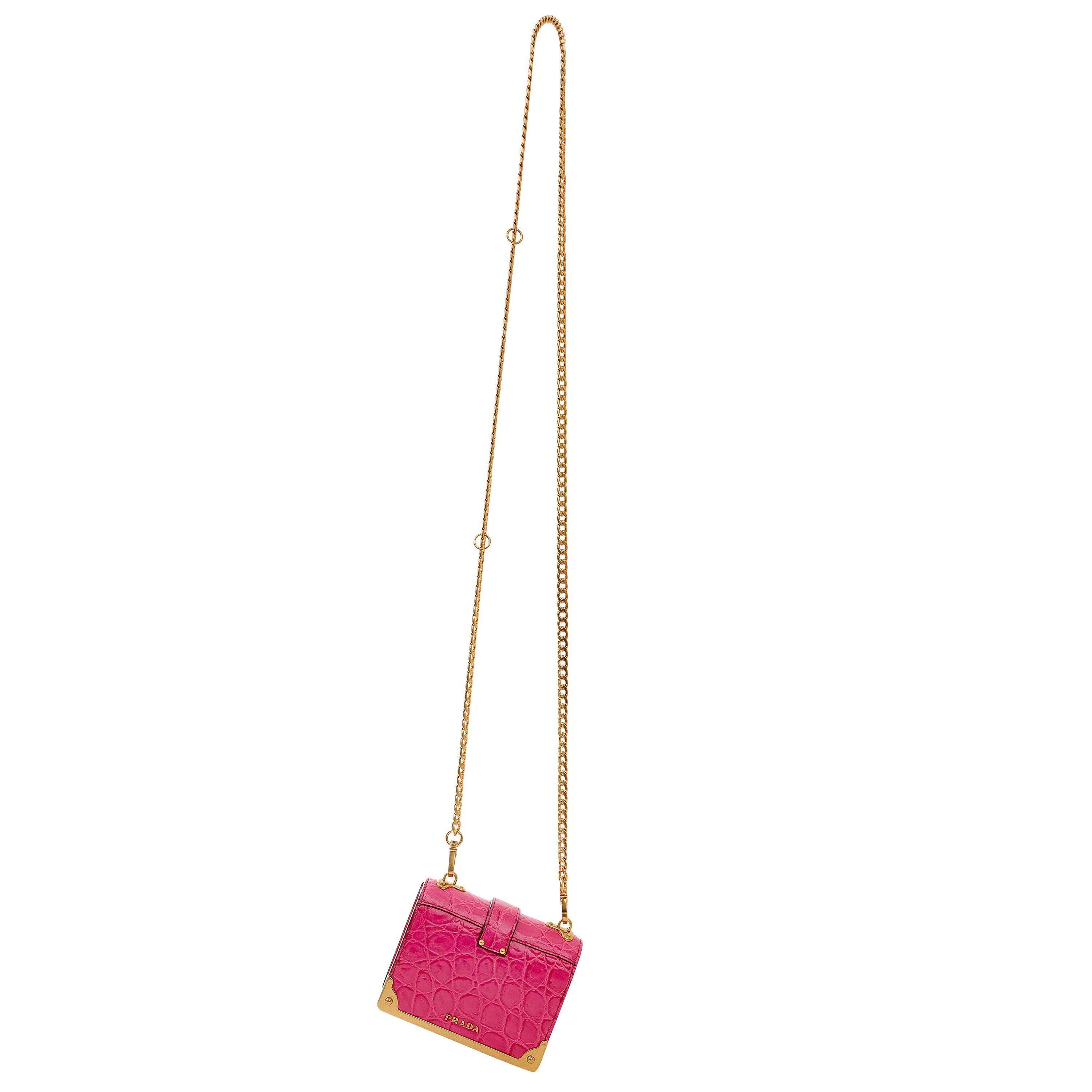 Women's Prada Pink Crocodile Micro Cahier Bag with Gold Hardware For Sale