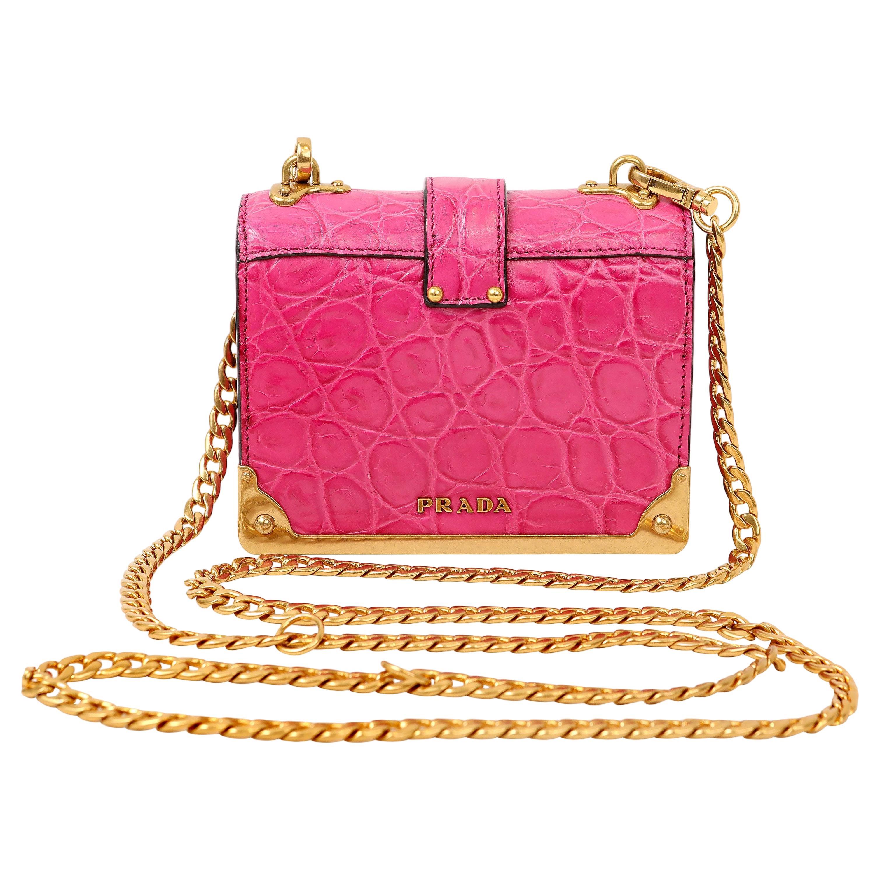 Prada Pink Crocodile Micro Cahier Bag with Gold Hardware For Sale