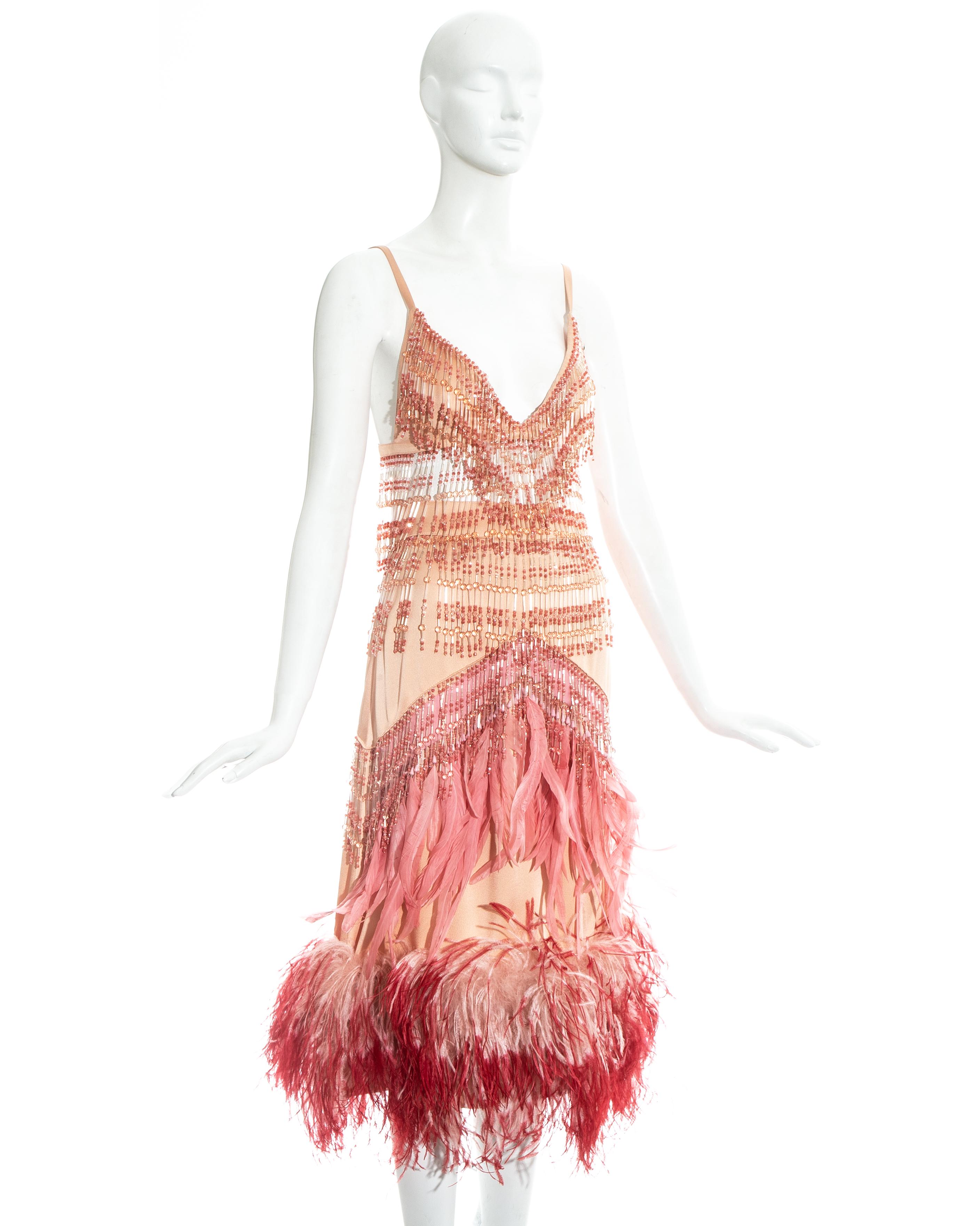 Prada runway ensemble; silk salmon skirt and bra top with pink ostrich and turkey feather embellishments and crystal beaded fringe throughout. 

Fall-Winter 2017