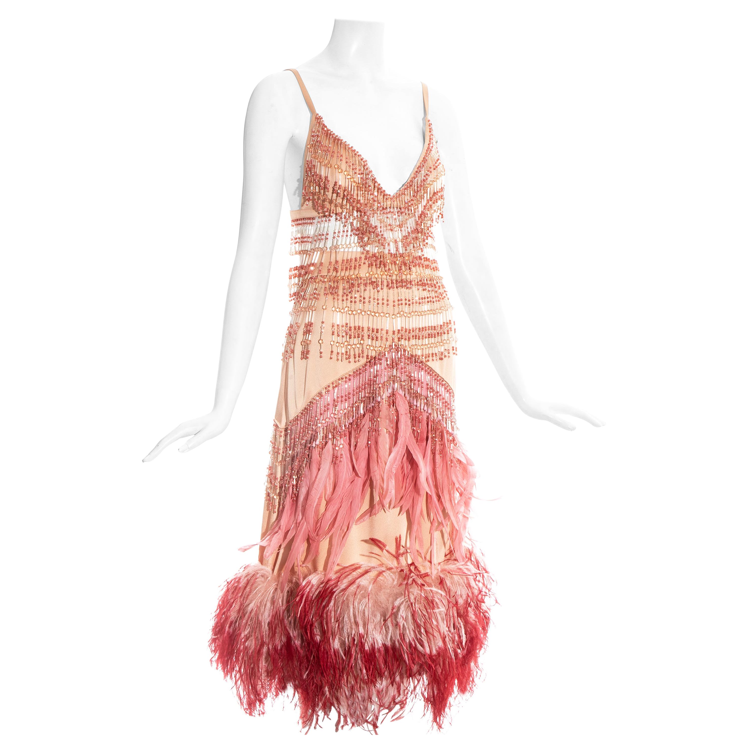 Prada pink crystal and feather fringe bra and skirt ensemble, fw 2017 For Sale