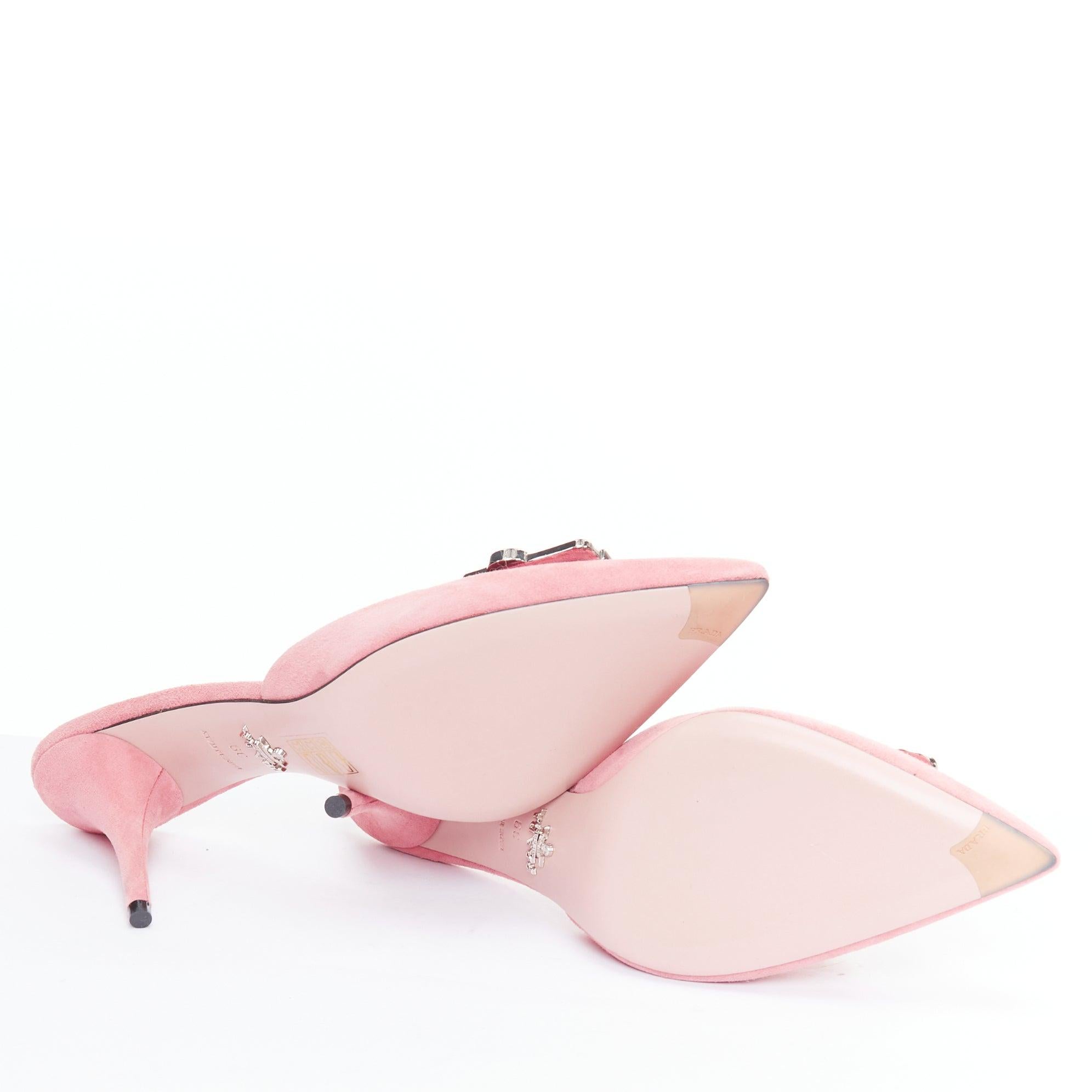 PRADA pink crystal buckle suede leather mule pump EU39 6