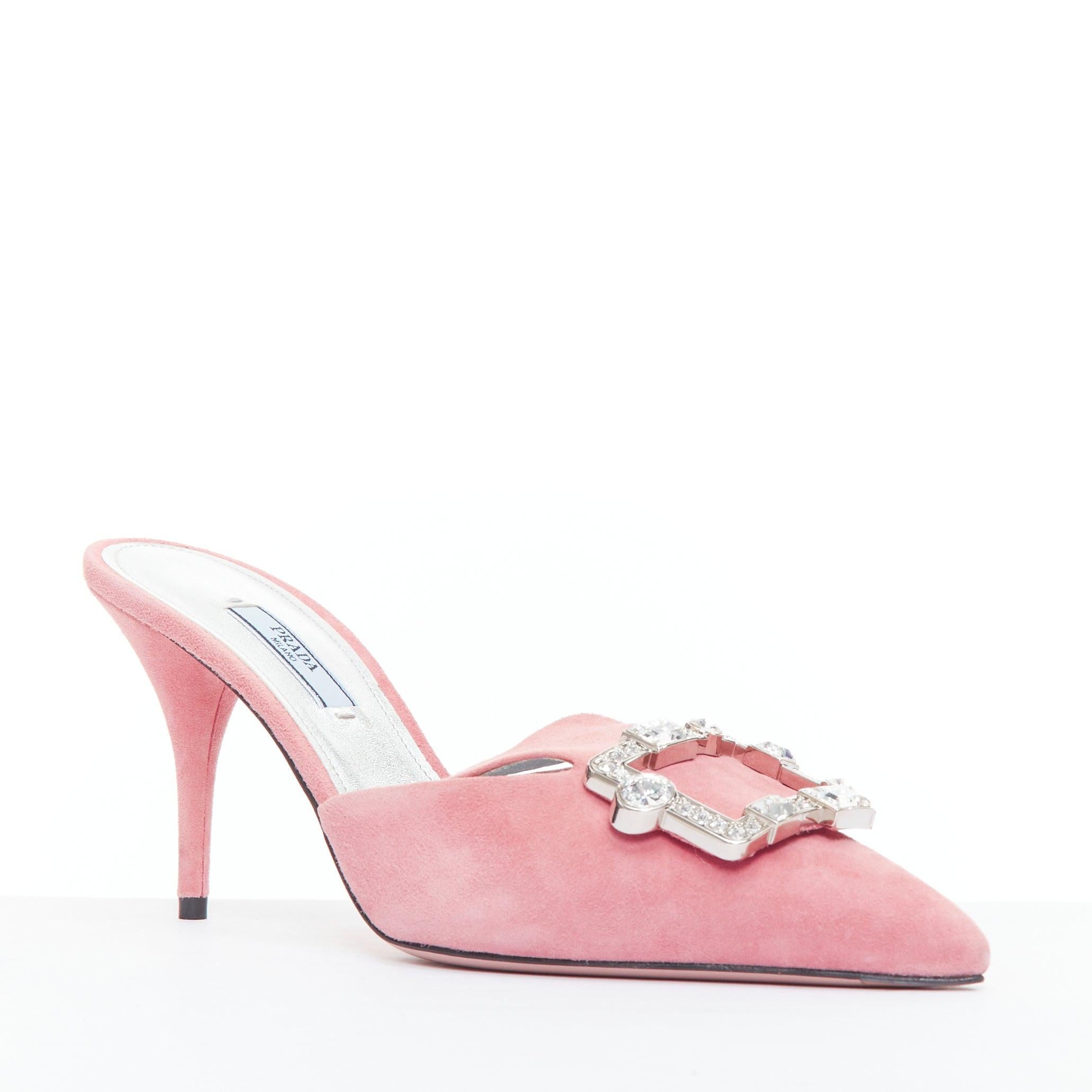 PRADA pink crystal buckle suede leather mule pump EU39
Reference: JHDN/A00024
Brand: Prada
Designer: Miuccia Prada
Material: Suede
Color: Pink, Clear
Pattern: Solid
Closure: Slip On
Lining: Silver Leather
Made in: Italy

CONDITION:
Condition: Good,