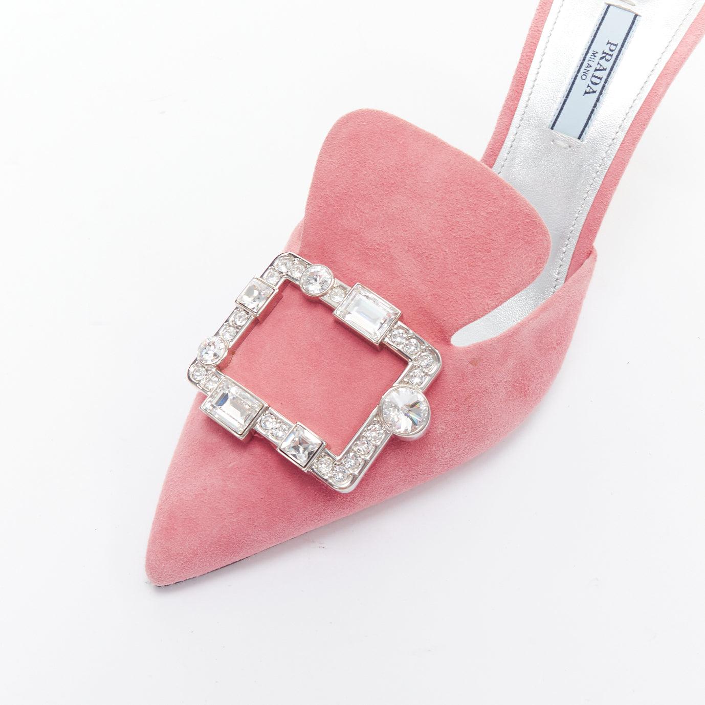 Pink PRADA pink crystal buckle suede leather mule pump EU39