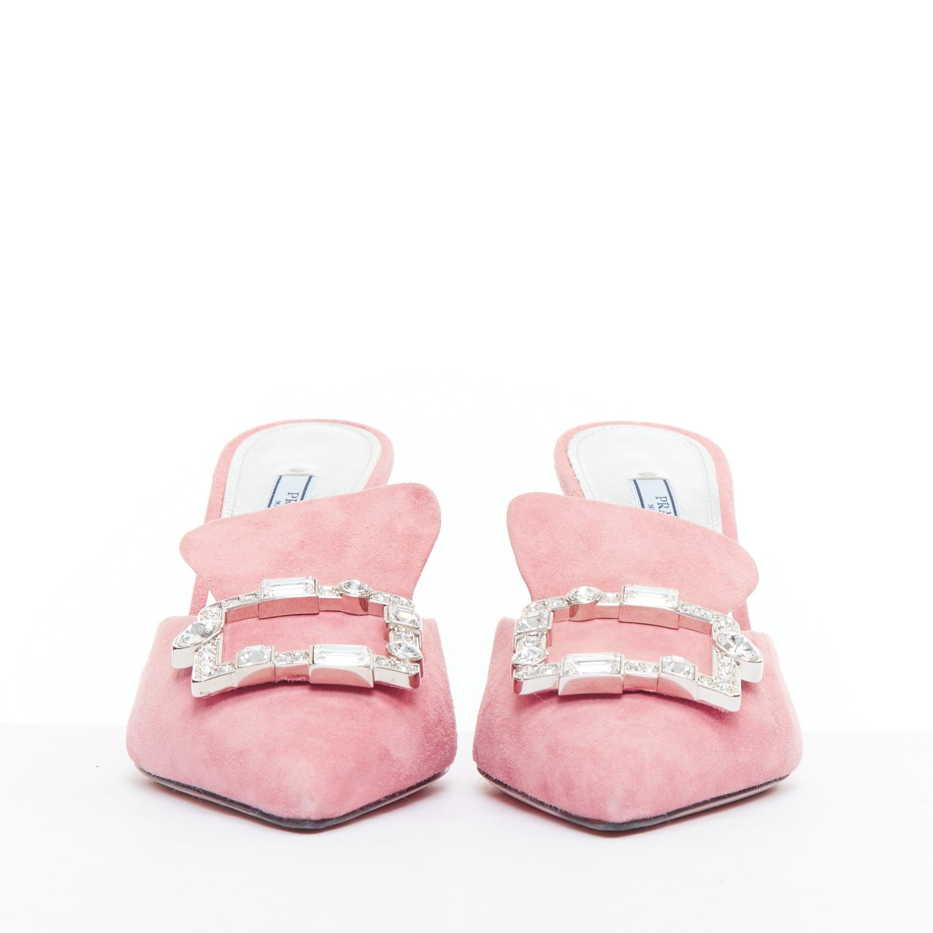 PRADA pink crystal buckle suede leather mule pump EU39 In Good Condition In Hong Kong, NT