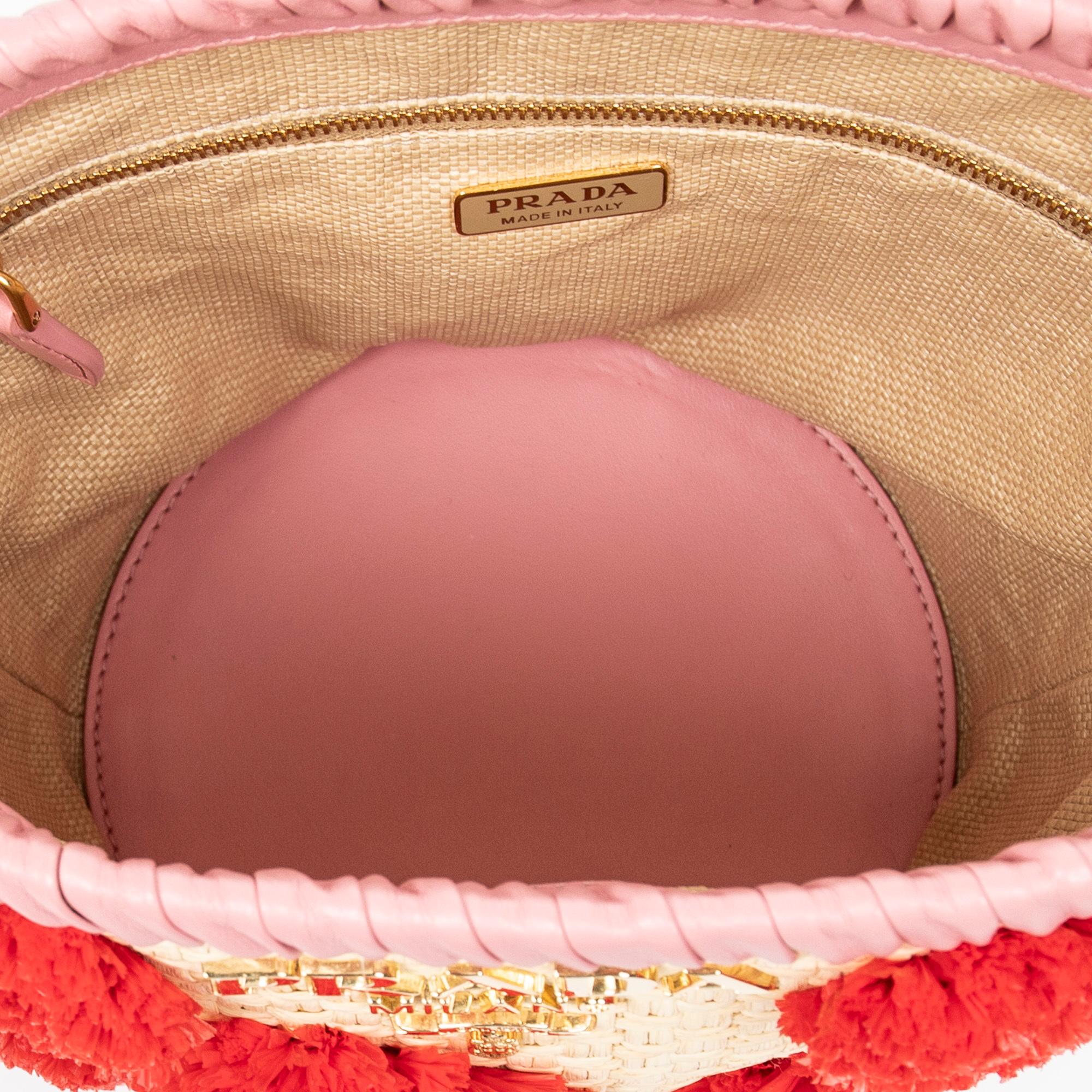 Prada Pink Embroidered Raffia Bucket Bag In Excellent Condition For Sale In Atlanta, GA