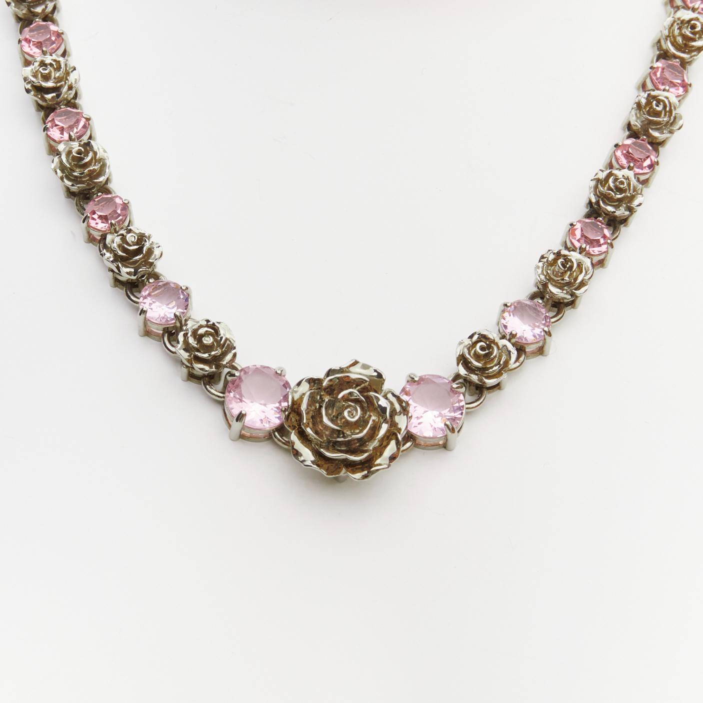 Women's PRADA pink faux kunzite rhinestone silver rose chain cocktail necklace