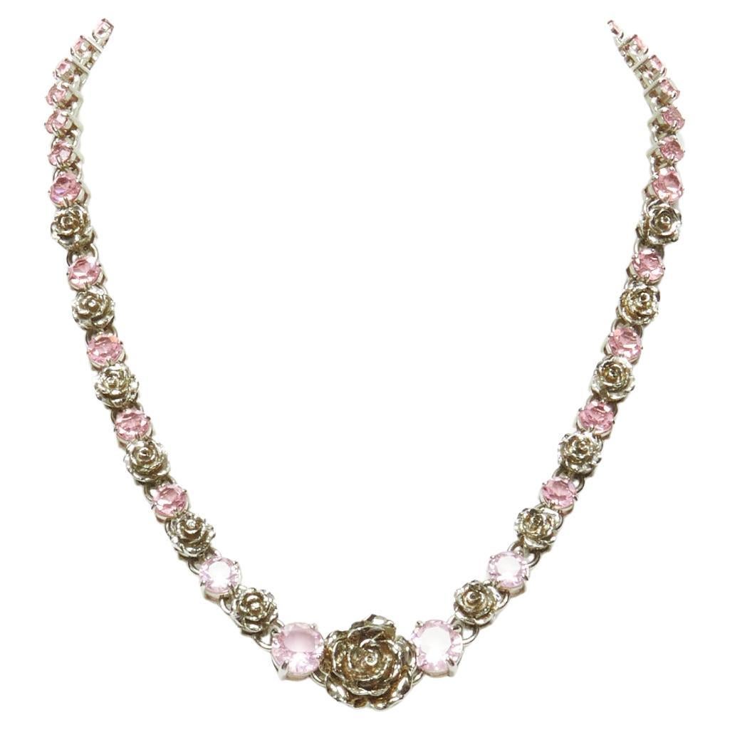 PRADA pink faux kunzite rhinestone silver rose chain cocktail necklace