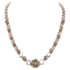 PRADA pink faux kunzite rhinestone silver rose chain cocktail necklace