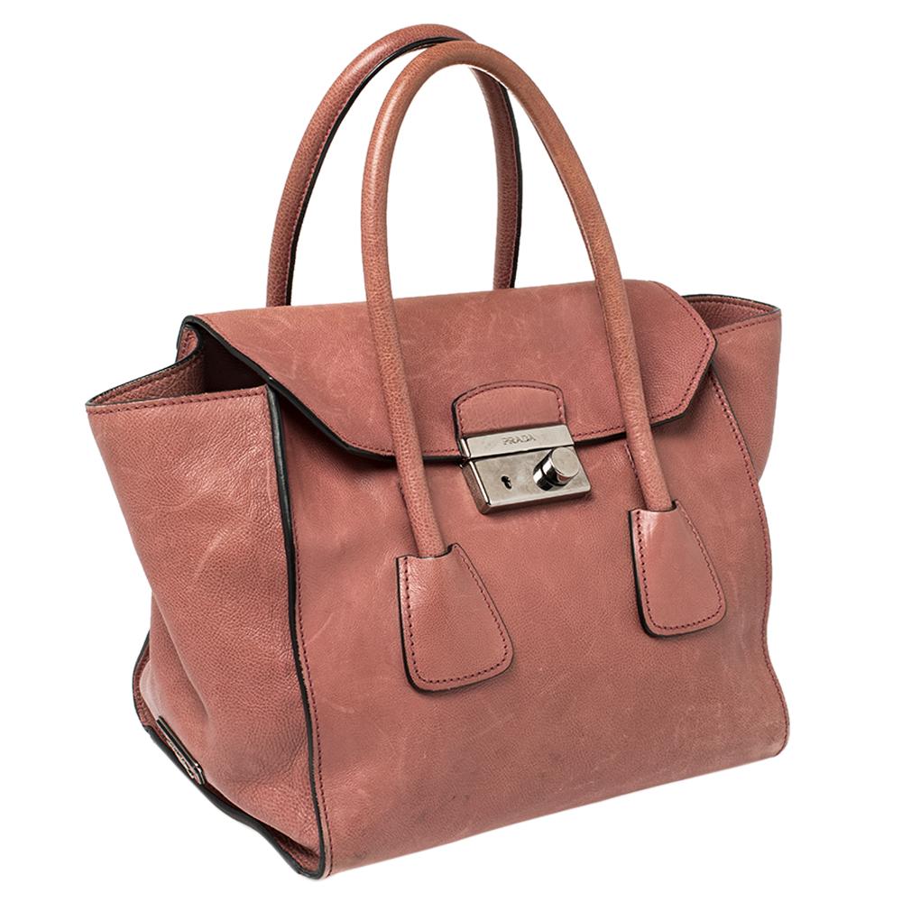 Prada Pink Glace Leather Twin Pocket Lock Tote In Fair Condition In Dubai, Al Qouz 2