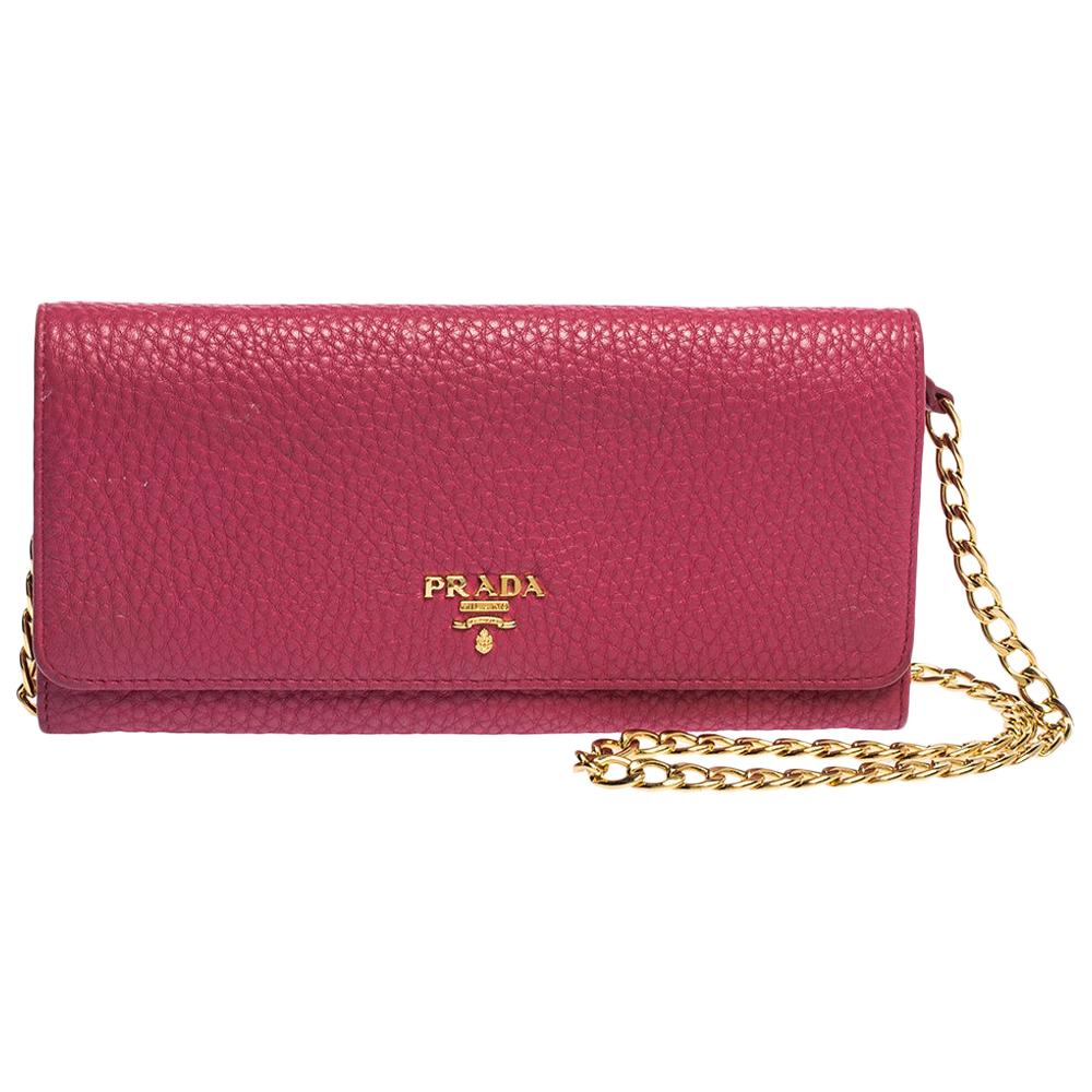 Prada Pink Grained Leather Wallet on Chain