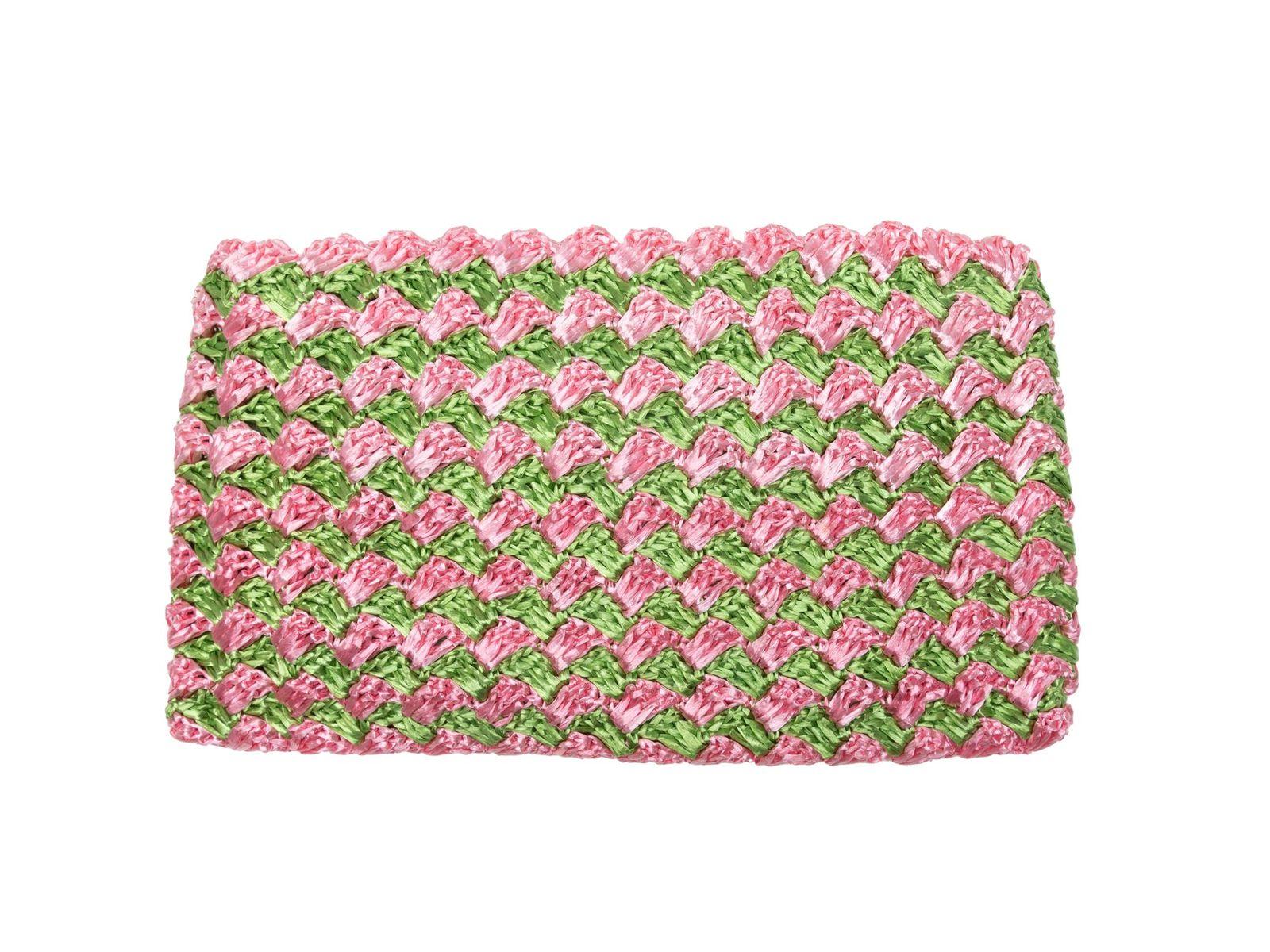 Prada Pink & Green Raffia Woven Clutch 2