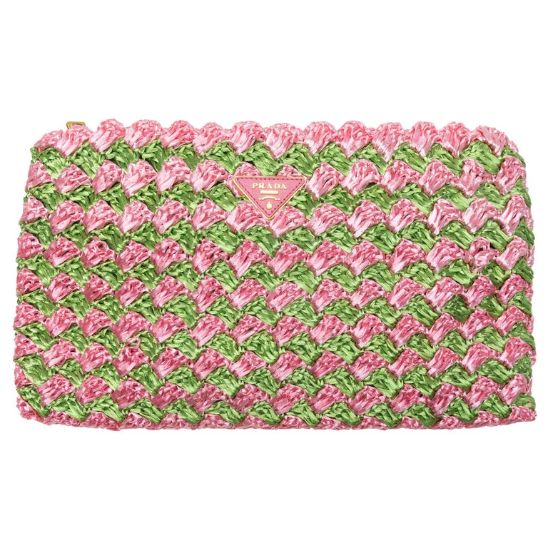 Prada Pink and Green Raffia Woven Clutch at 1stDibs | prada raffia