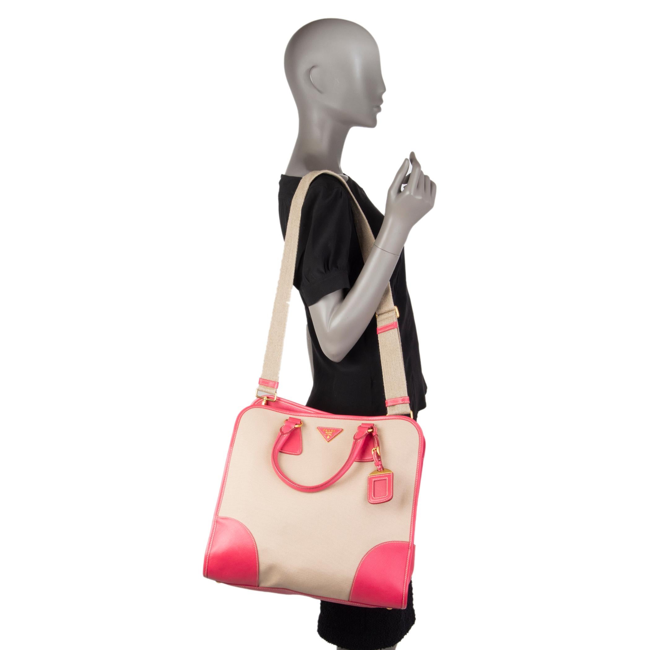 Women's PRADA pink leather & canvas NORTT TO SOUTH Tote Bag