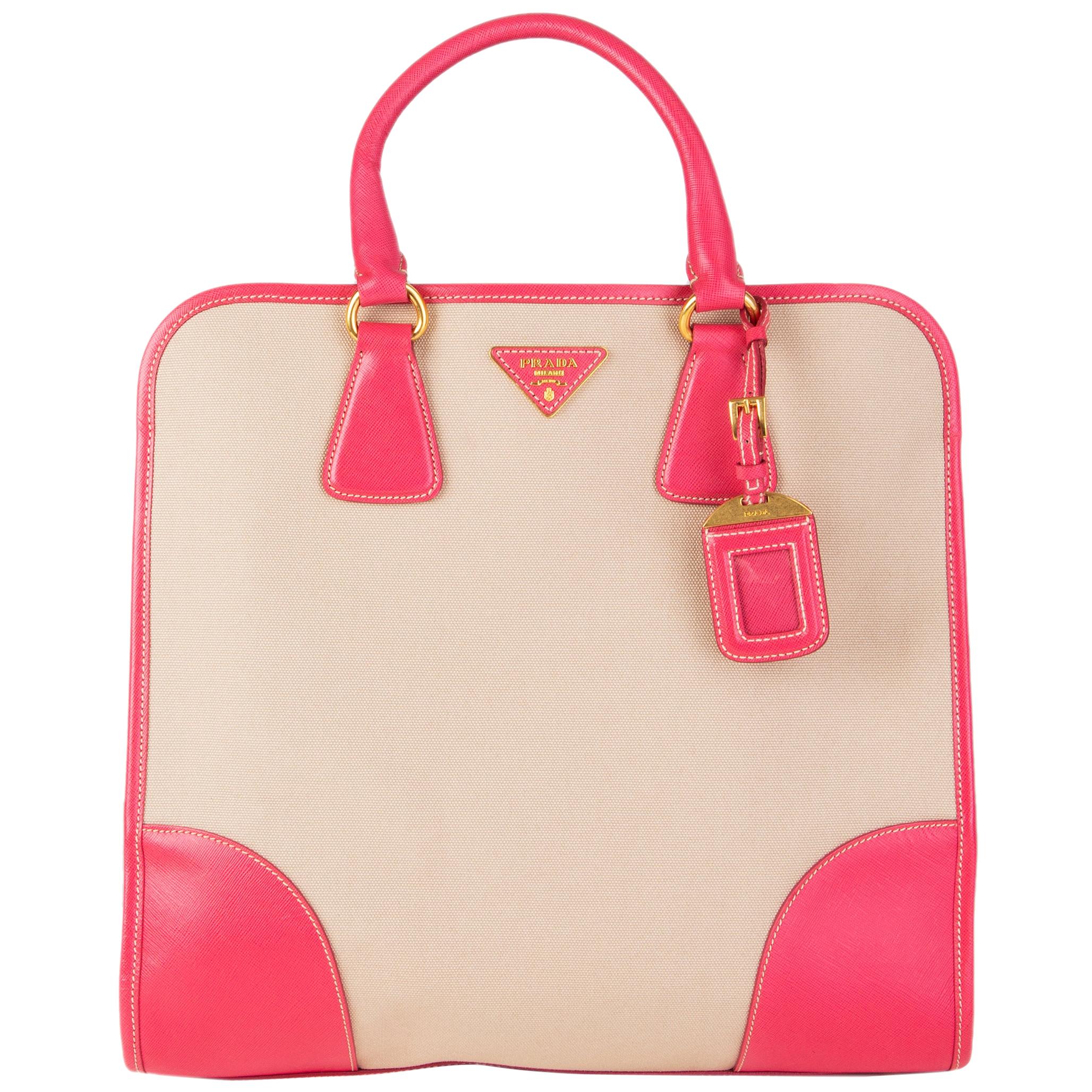 PRADA pink leather & canvas NORTT TO SOUTH Tote Bag